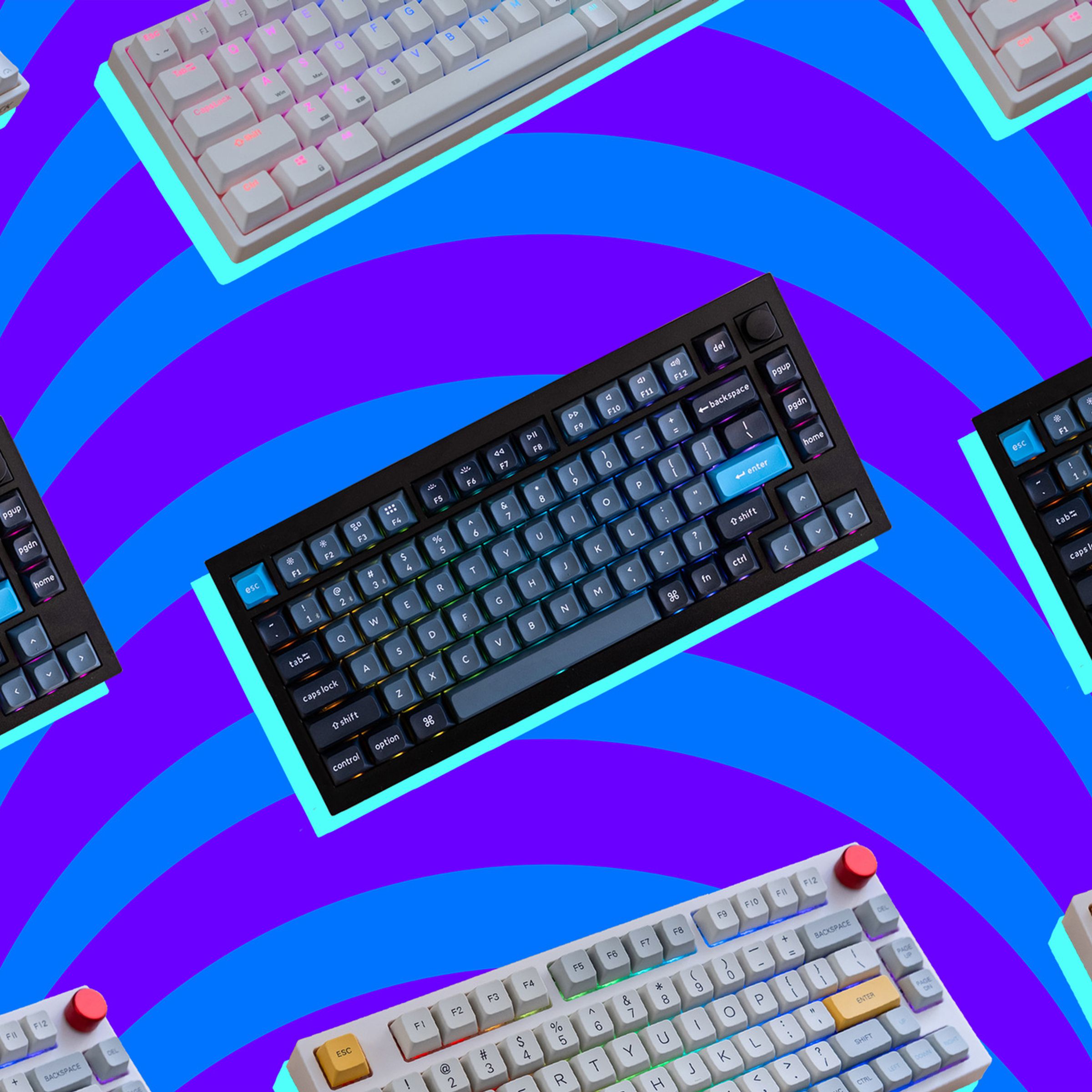 Several keyboards floating on an illustrated background.