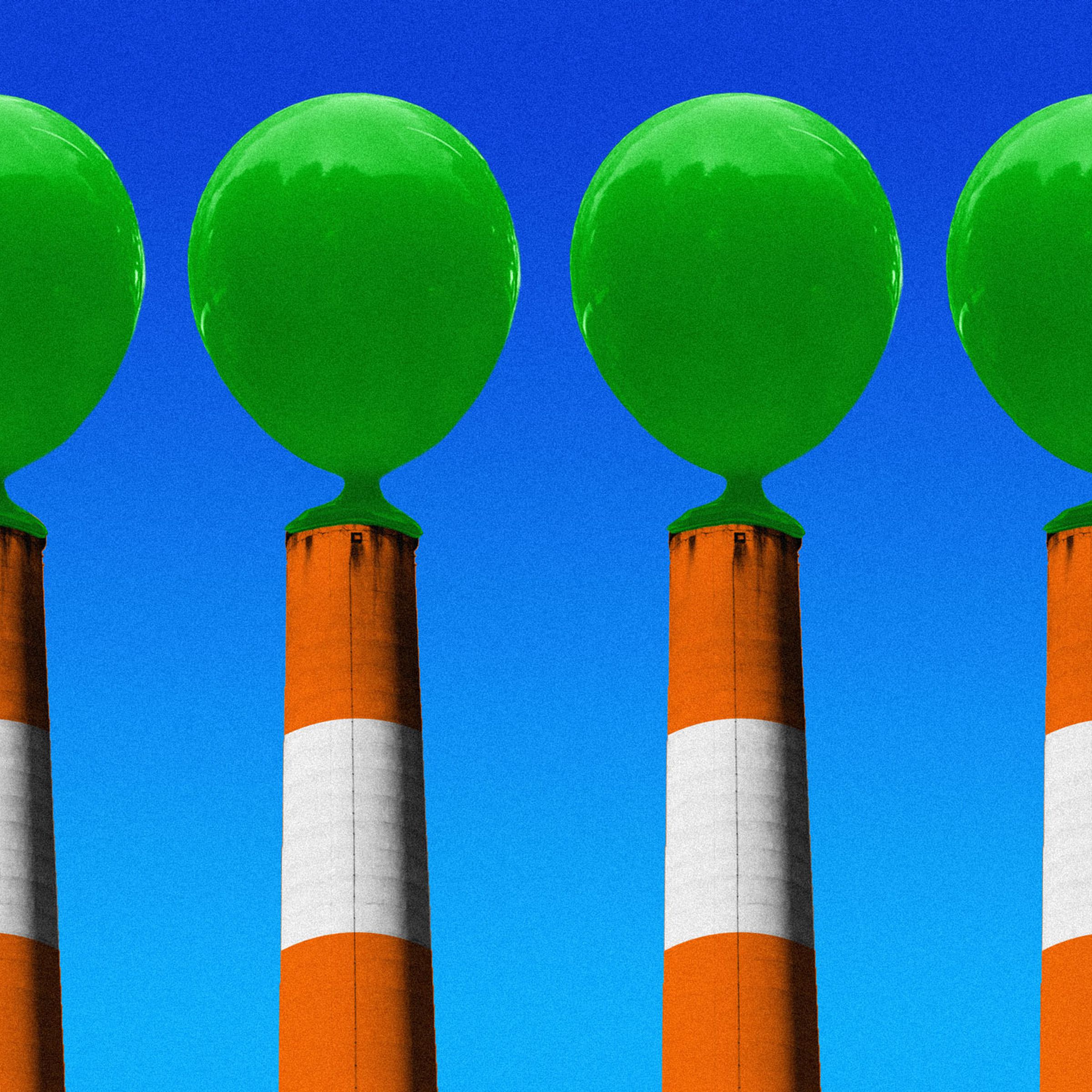 Art depicts cartoon balloons attached to the tops of four smokestacks.