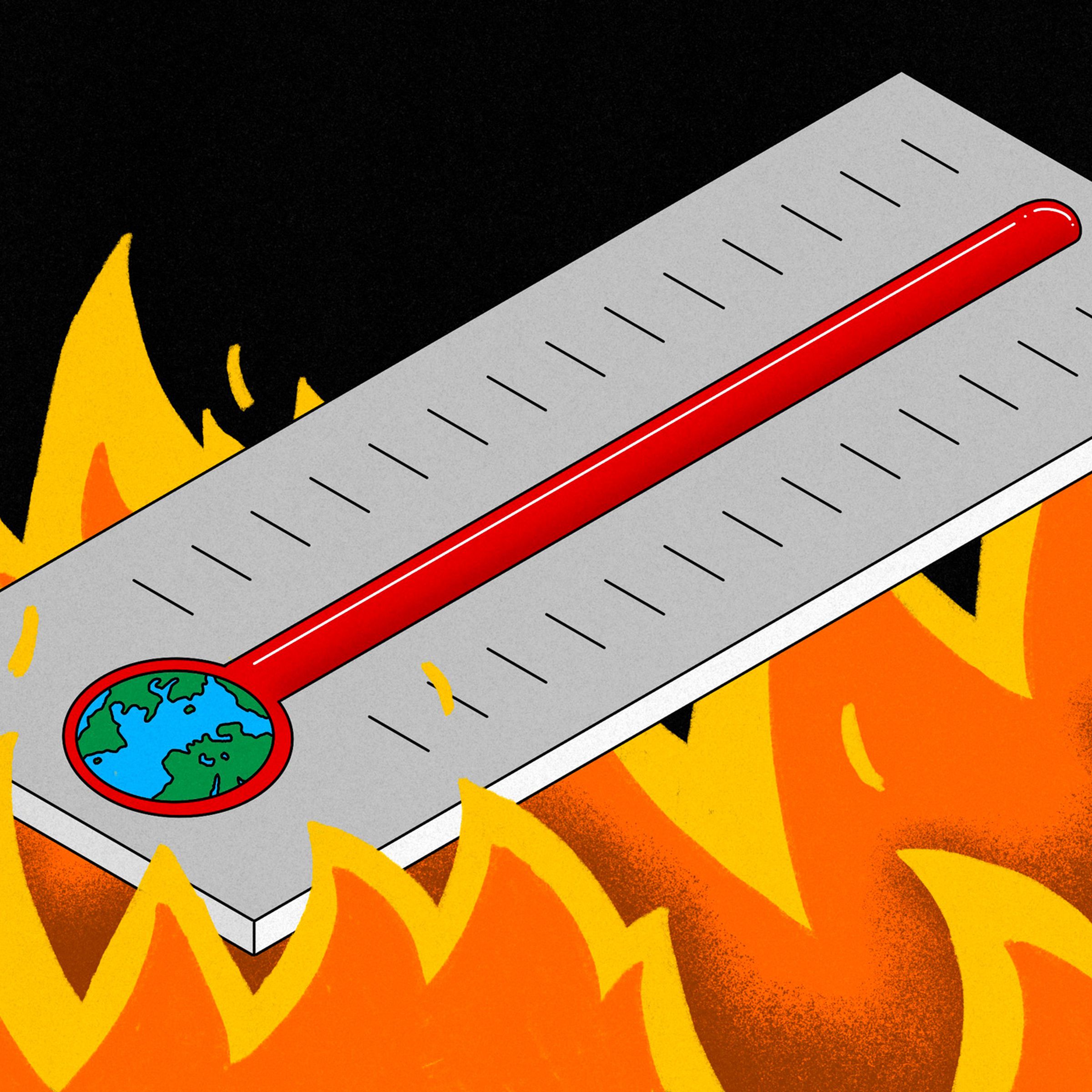 Art depicting a red thermometer above flames