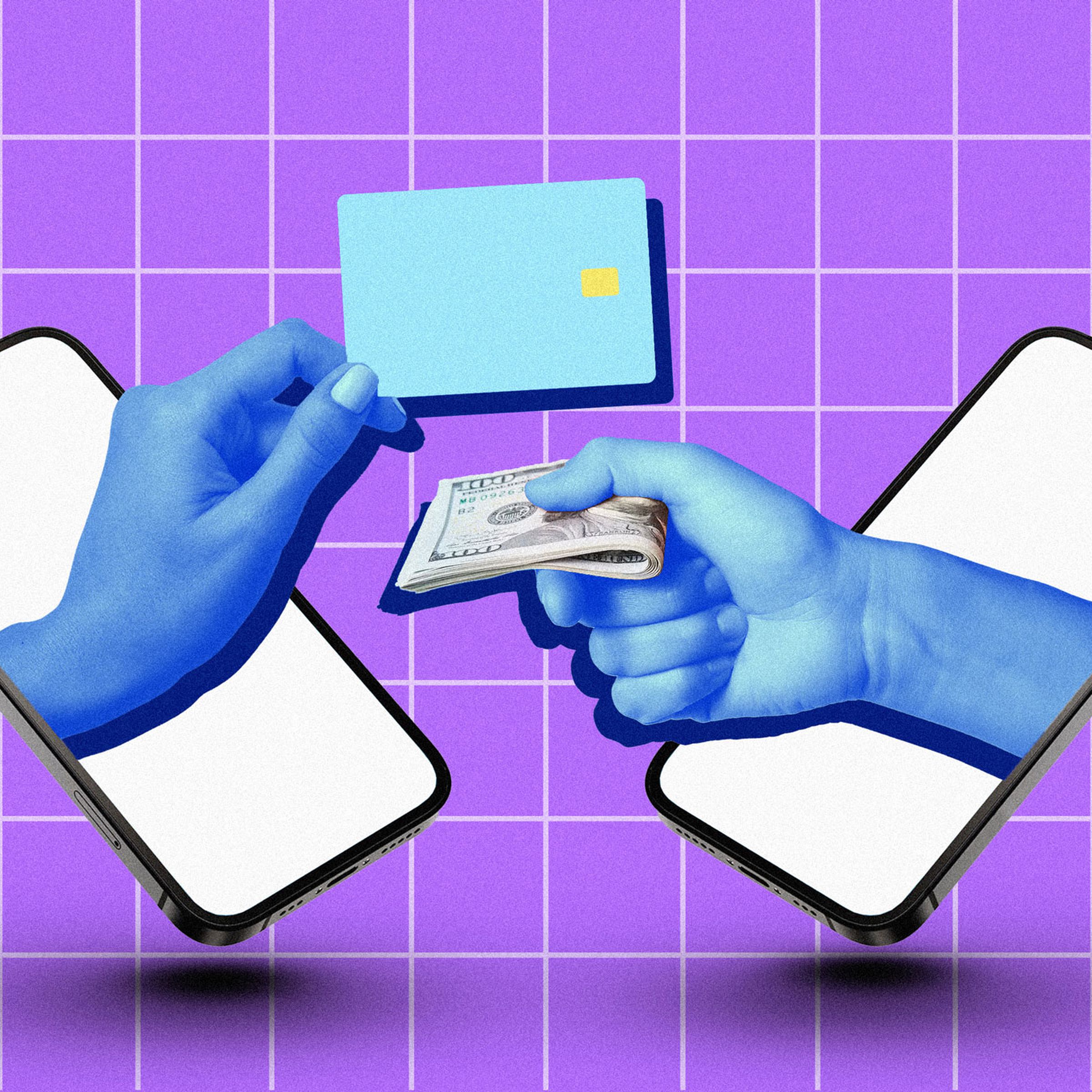 An illustration of two hands emerging from phones, one holding a credit card and one holding cash.