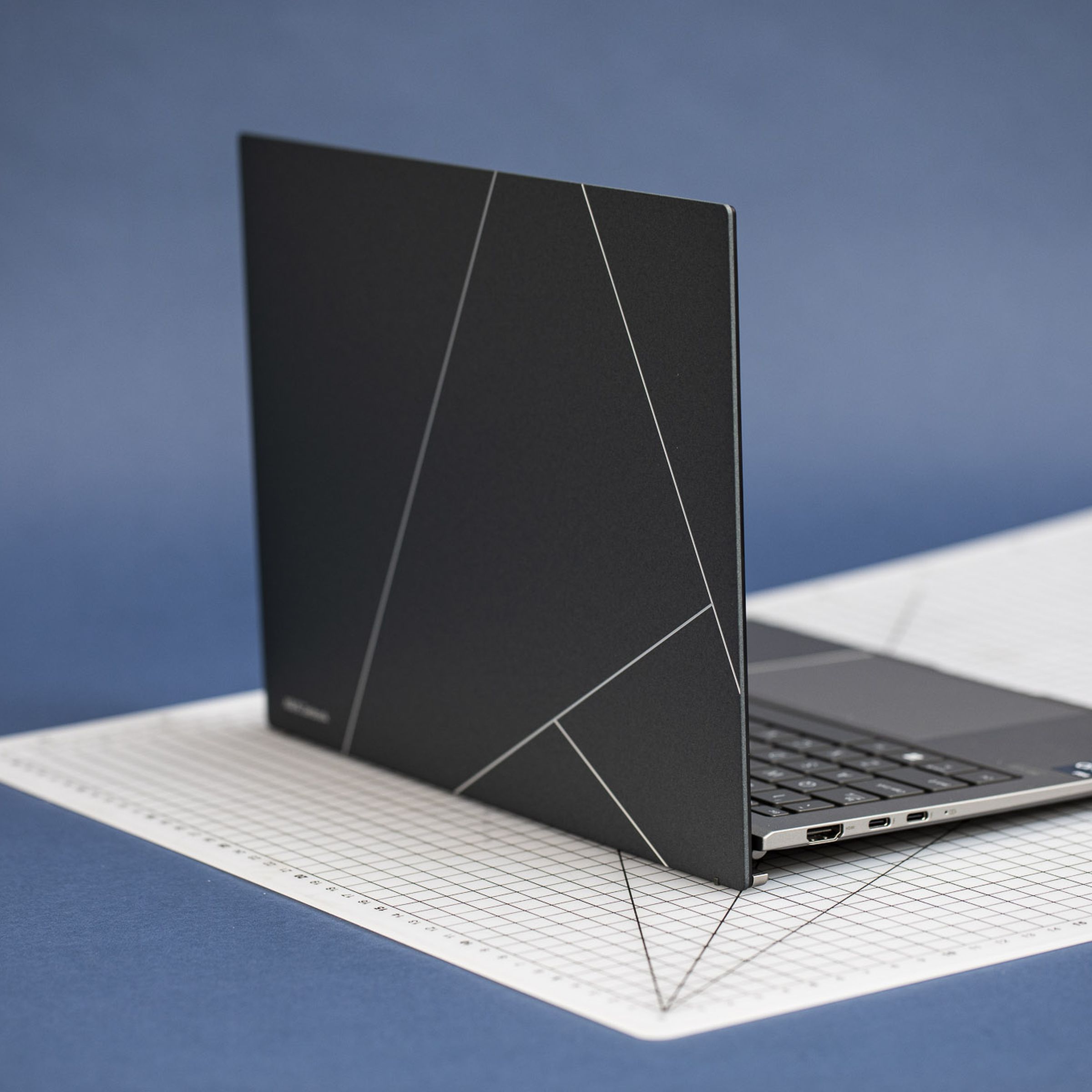 The Asus Zenbook S 13 OLED seen from the back right.