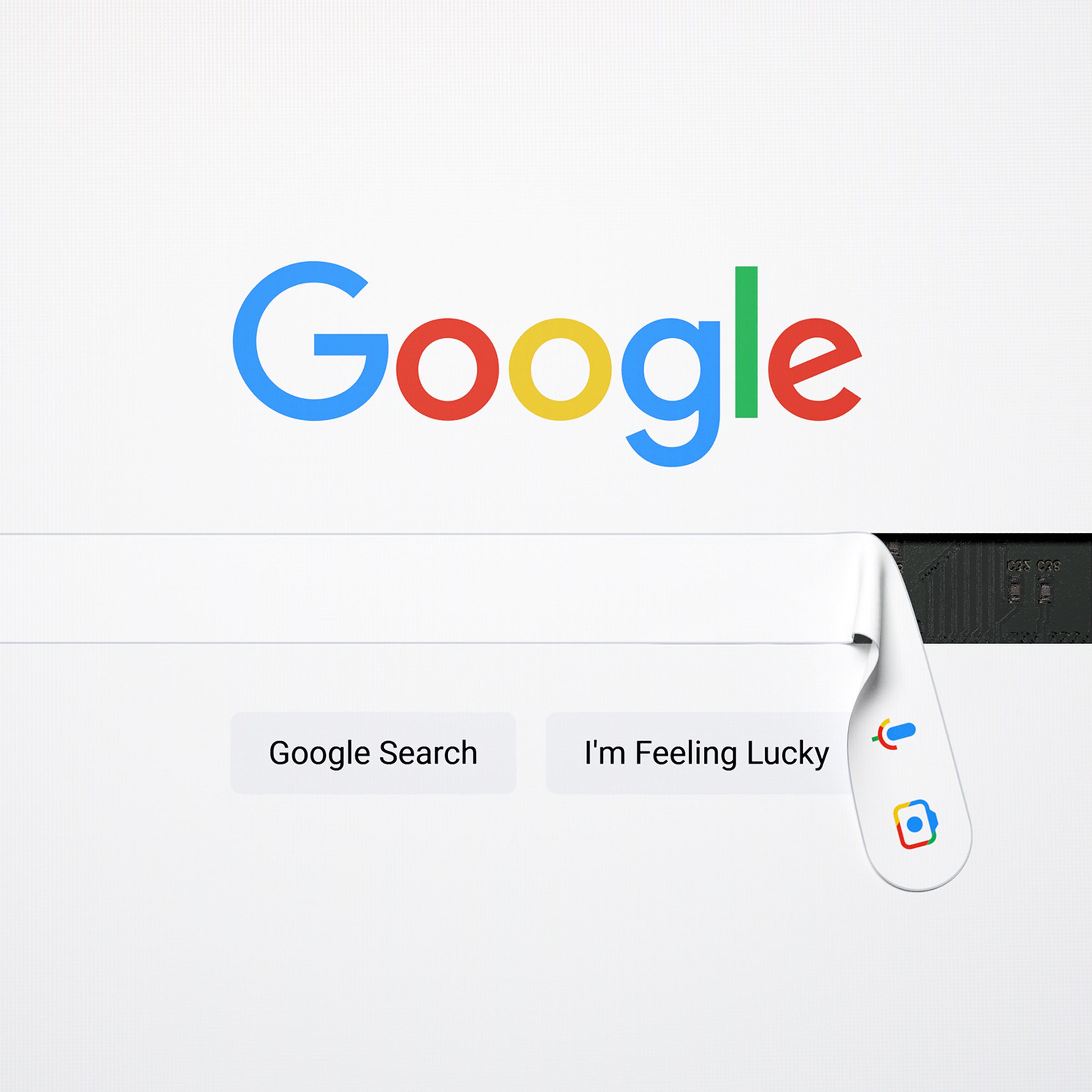 An illustration of the Google homepage that shows the search bar partially peeling off