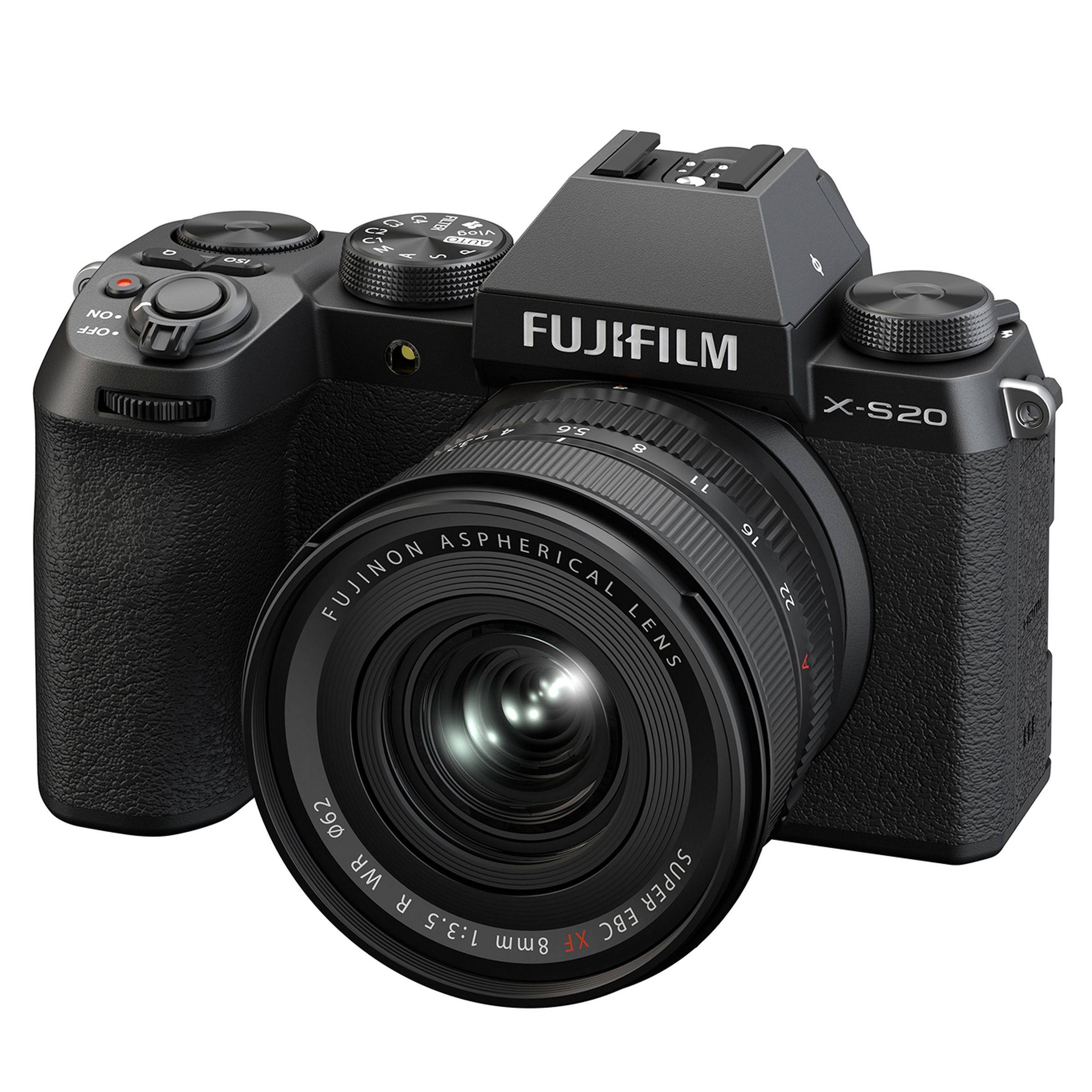 The Fujifilm X-S20 camera with an 8mm lens mounted on it, in front of a white background.