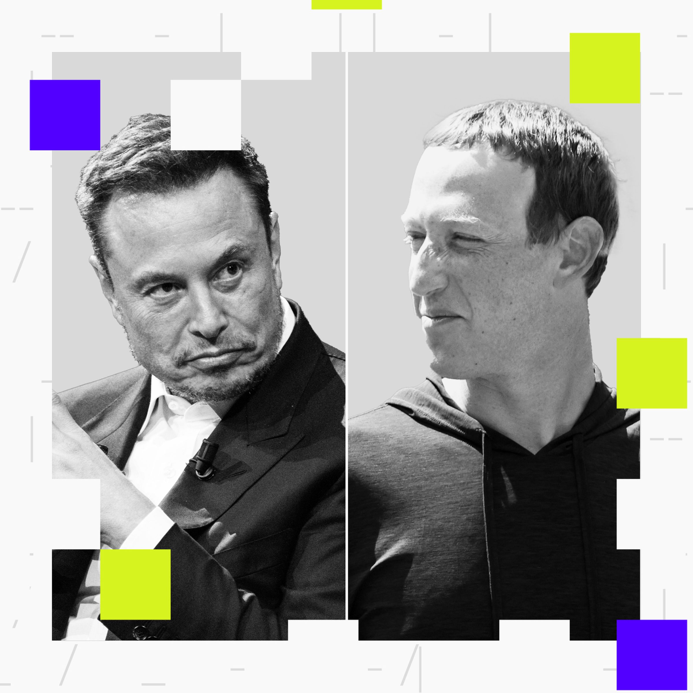Photos of Elon Musk and Mark Zuckerberg.