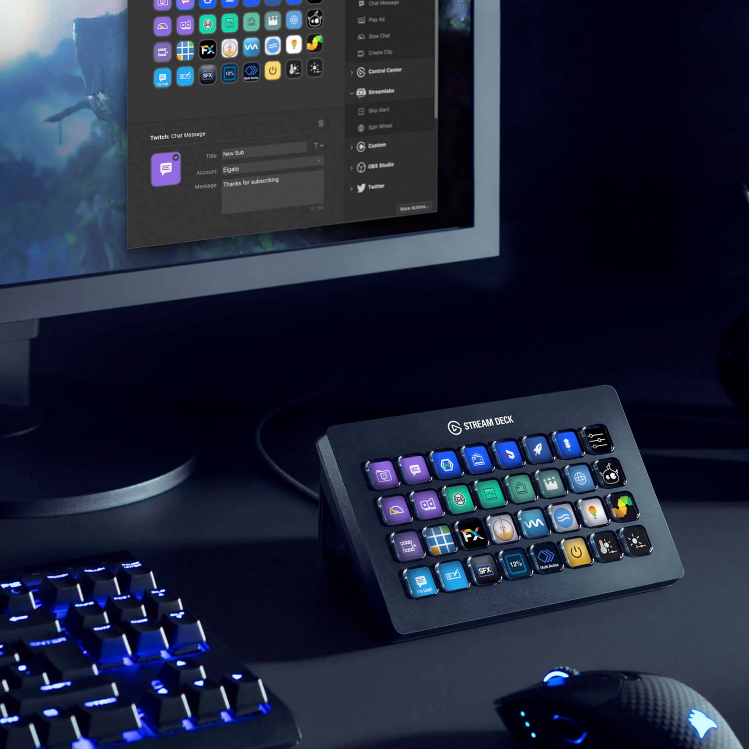An Elgato Stream Deck XL sitting on a black desk connected to a computer.