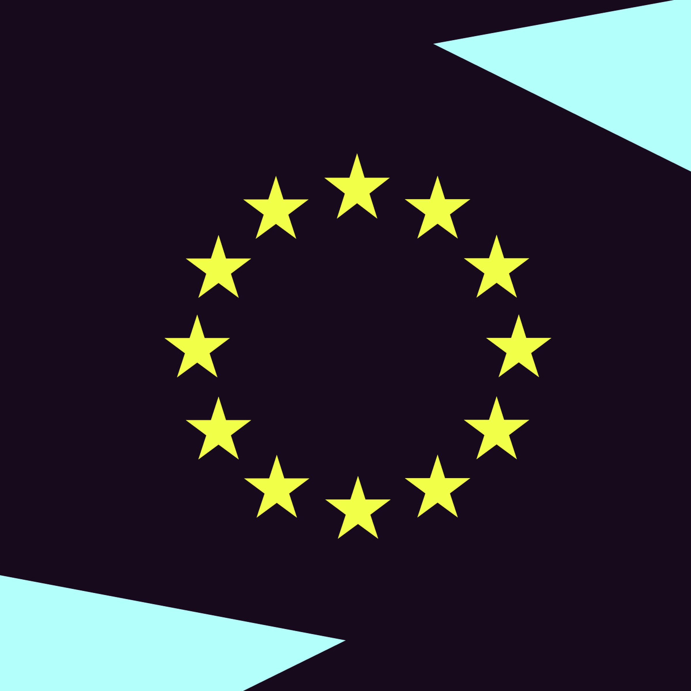 The image shows the stars from the European Union’s flag over a black background framed with blue.