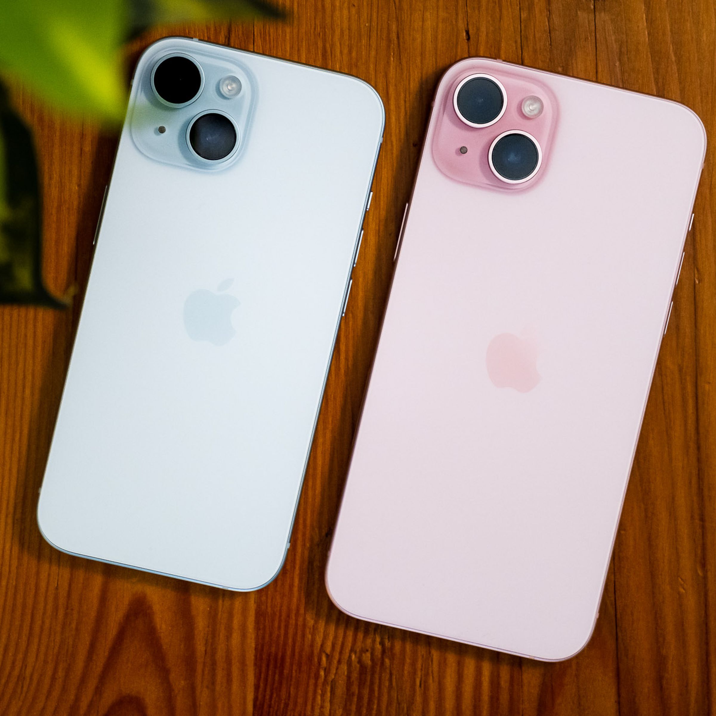 A blue iPhone 15 face down next to a pink iPhone 15 Plus face down.