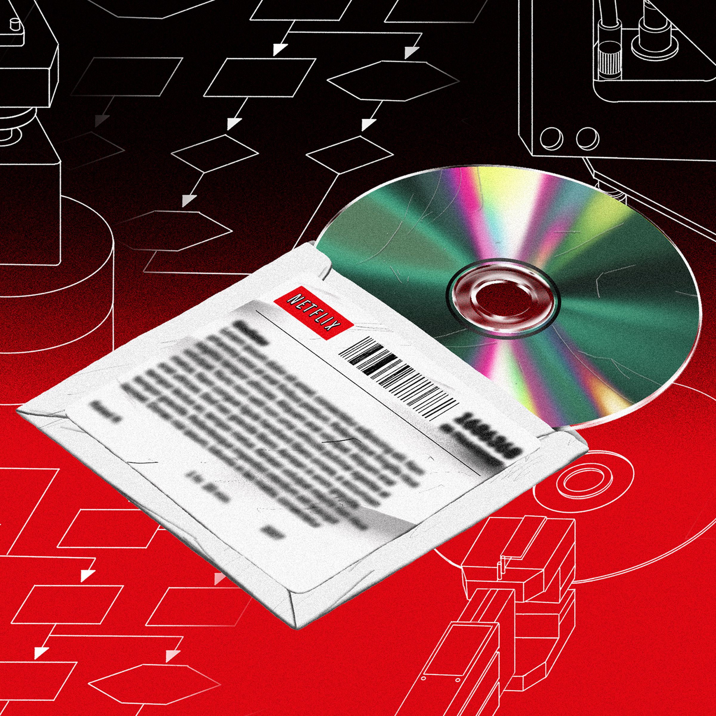 An illustration of a Netflix disc in front of schematics of disc sorting machines.