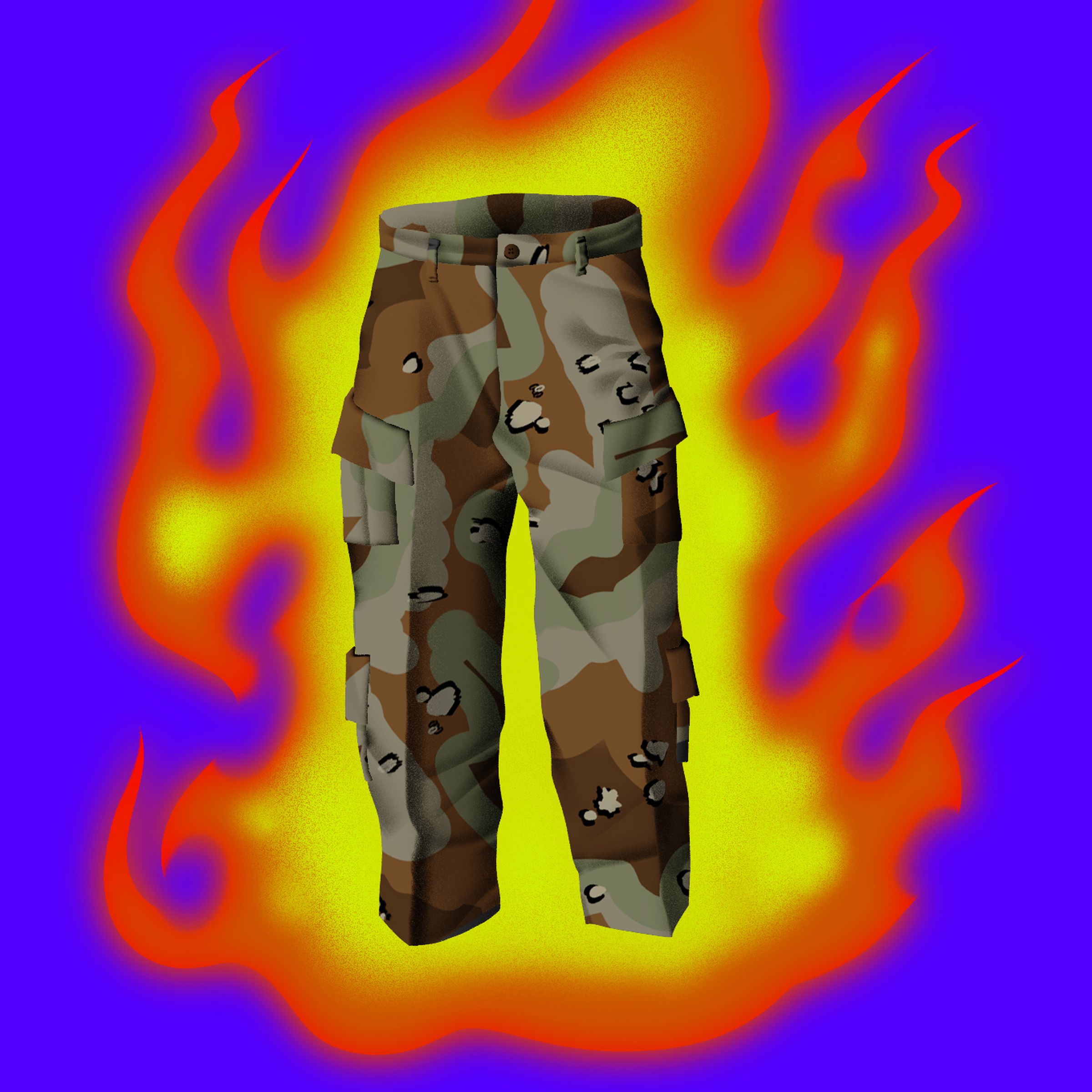 Illustration of a pair of military camo pants on fire. 
