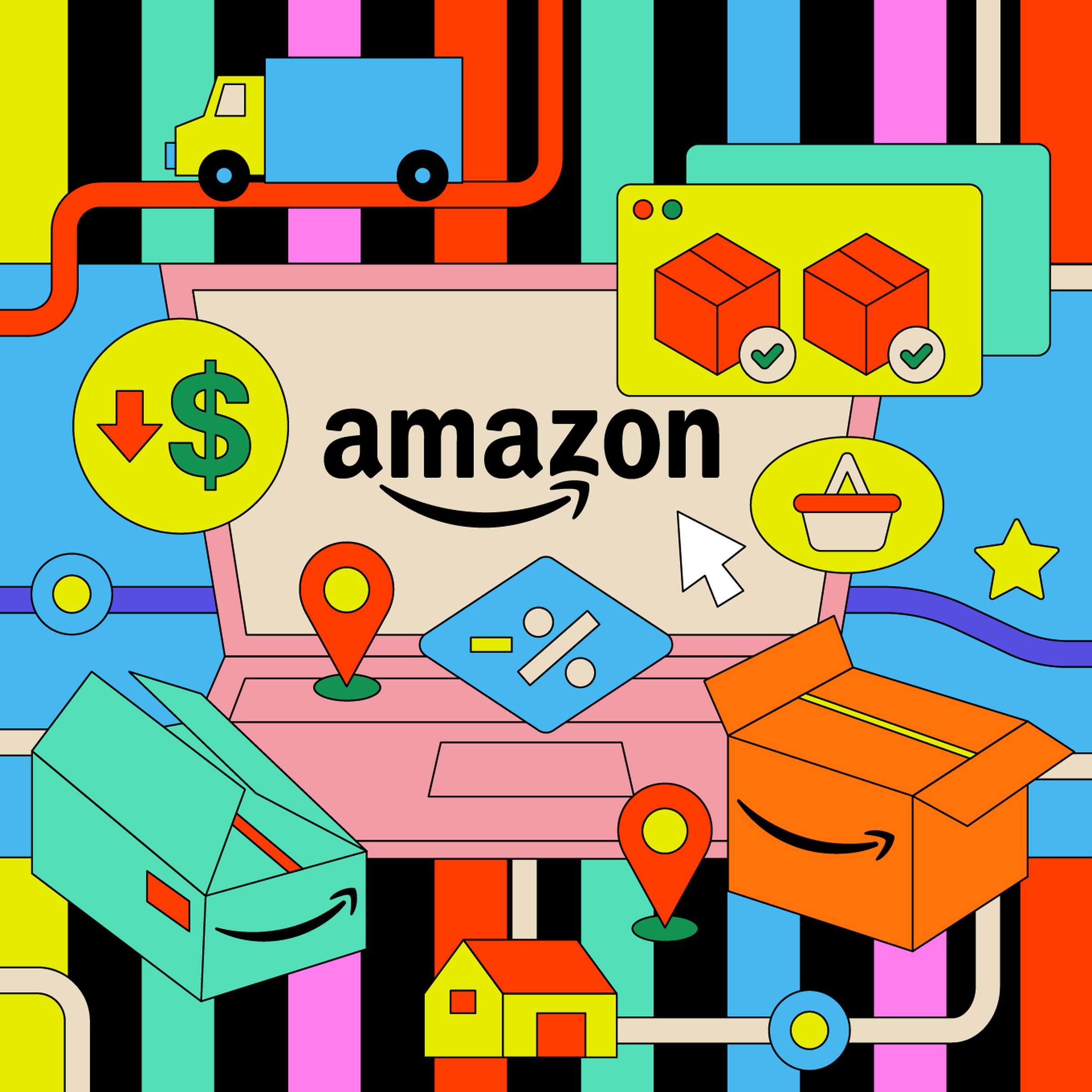 Colorful illustration of a computer with Amazon packages and delivery routes.