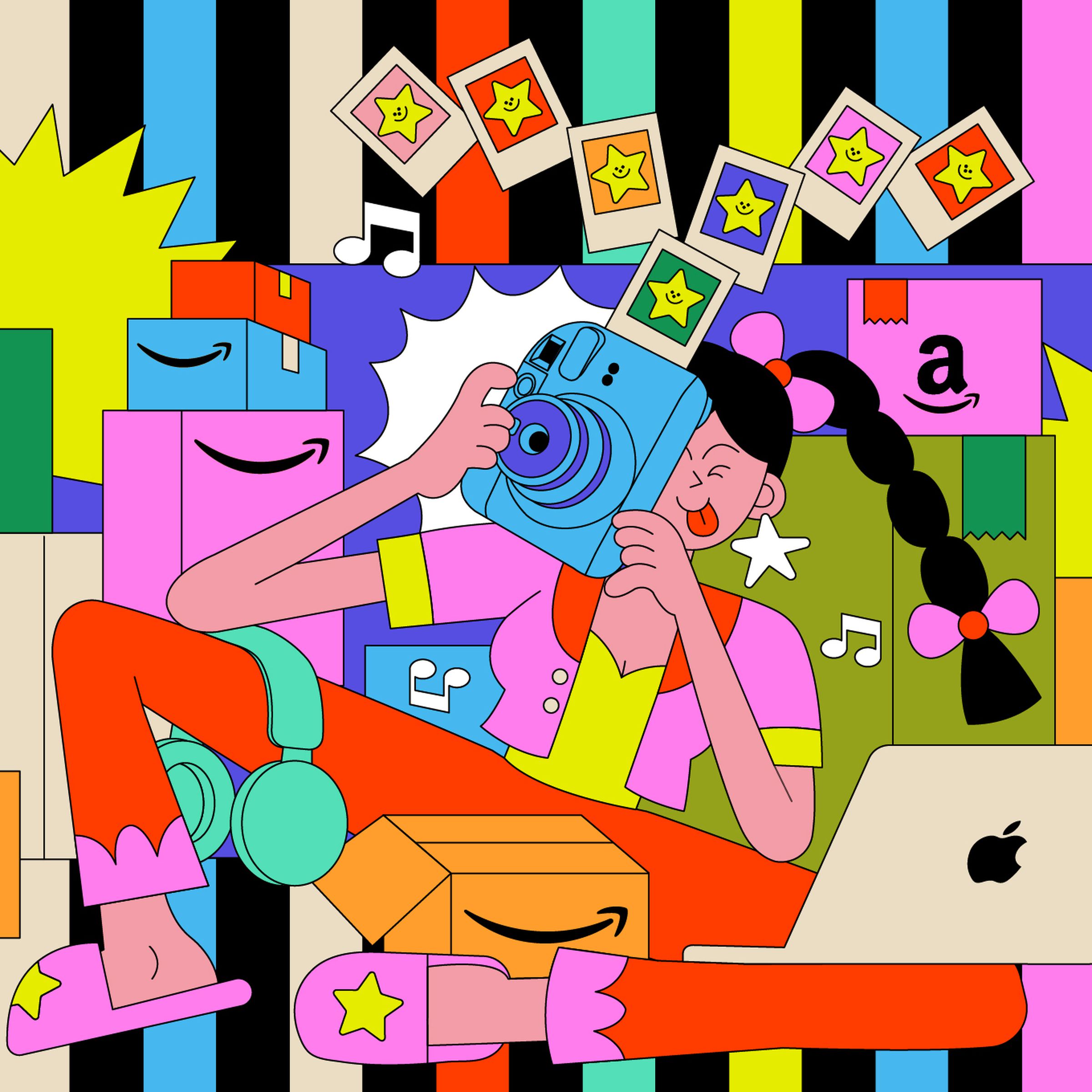 Colorful illustration of a girl taking photos with a new camera. She is surrounded by Amazon packages.