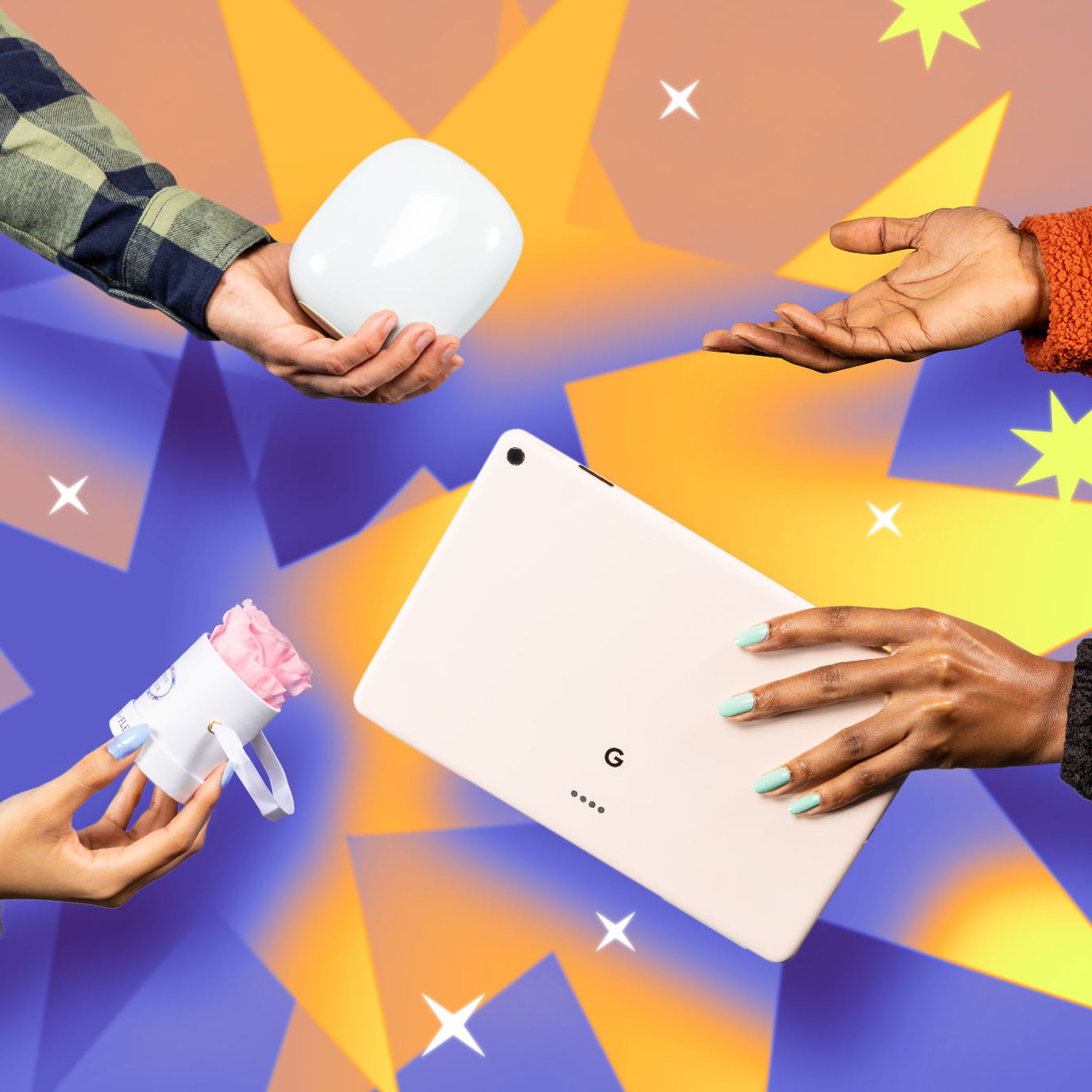 Hands holding different products on a graphic background of brightly colored stars.