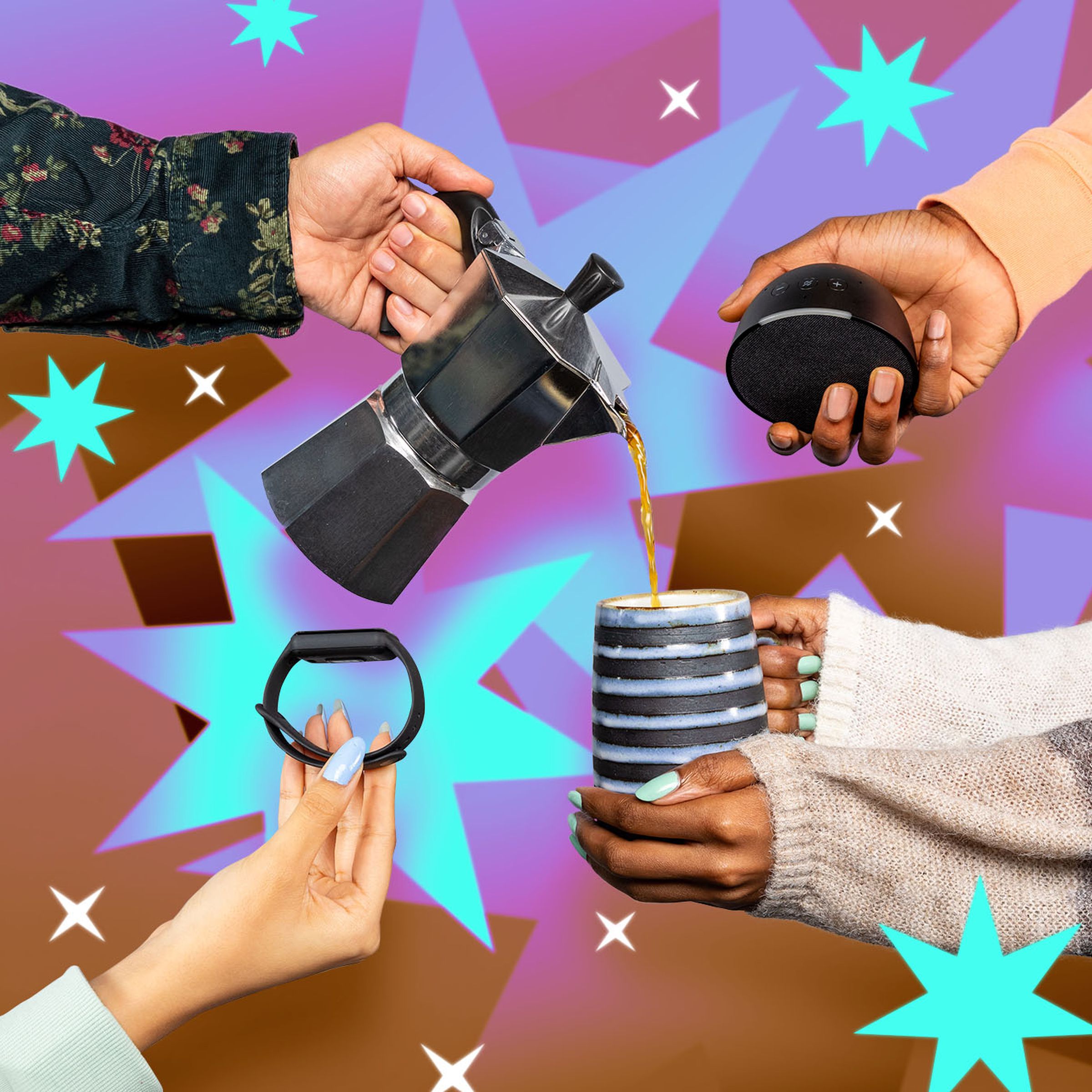 Photo illustration of hands holding various products on a brightly colored background of stars.