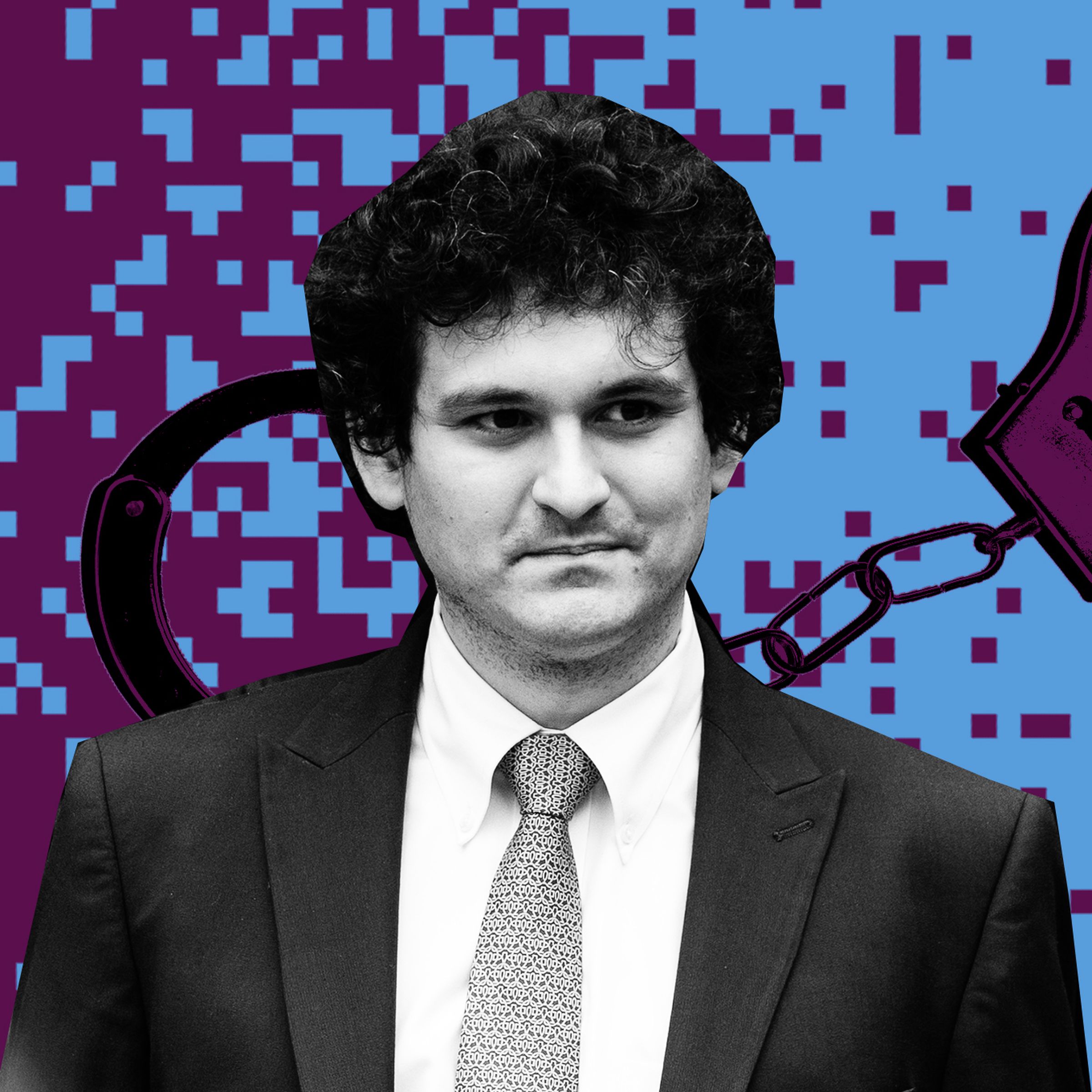 Photo Illustration of Sam Bankman-Fried in front of a graphic background of pixels and handcuffs.