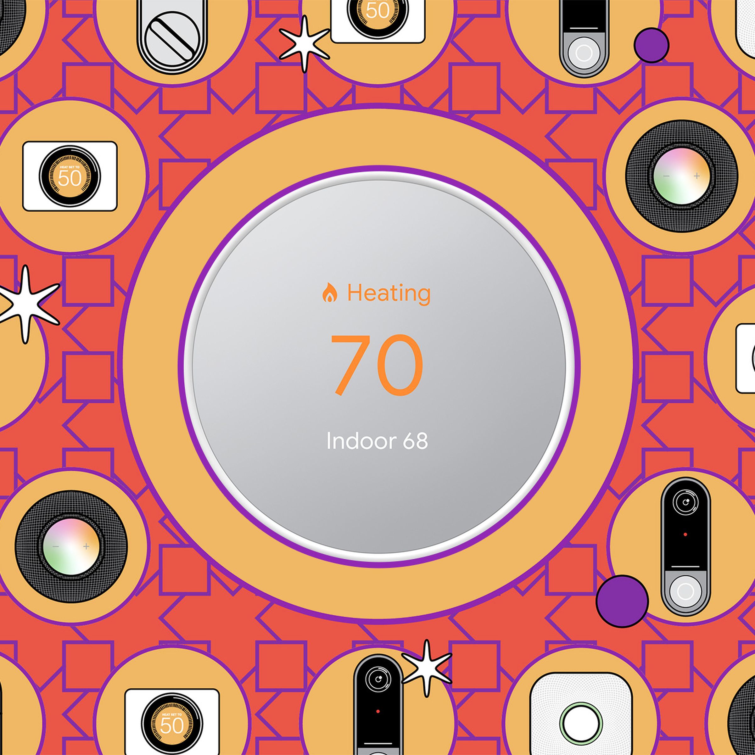 Vector illustration of a Nest Thermostat on a graphic background.