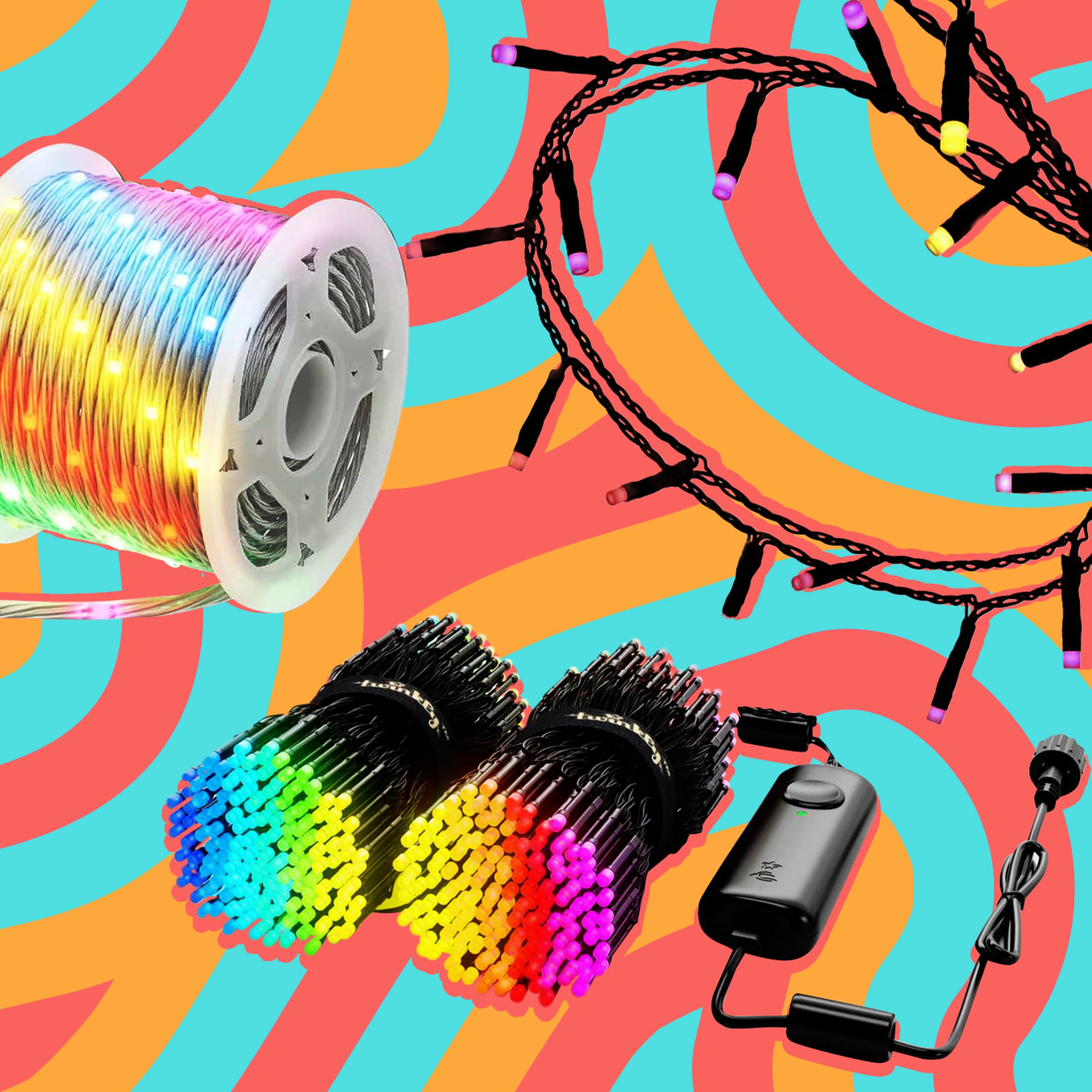 Photo illustration of a variety of string lights on a graphic swirly background