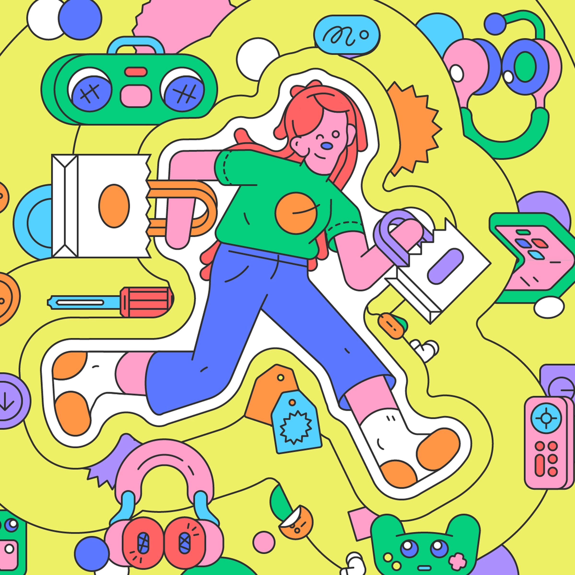 Brightly colored vector illustration of a person surrounded by Black Friday deals.