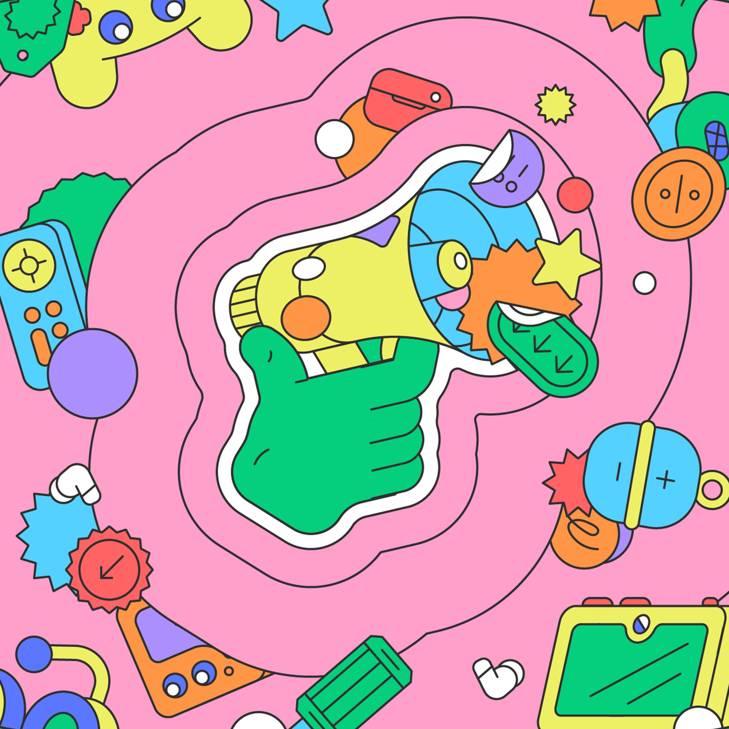 Brightly colored vector illustration of a hand with a megaphone surrounded by Black Friday deals.