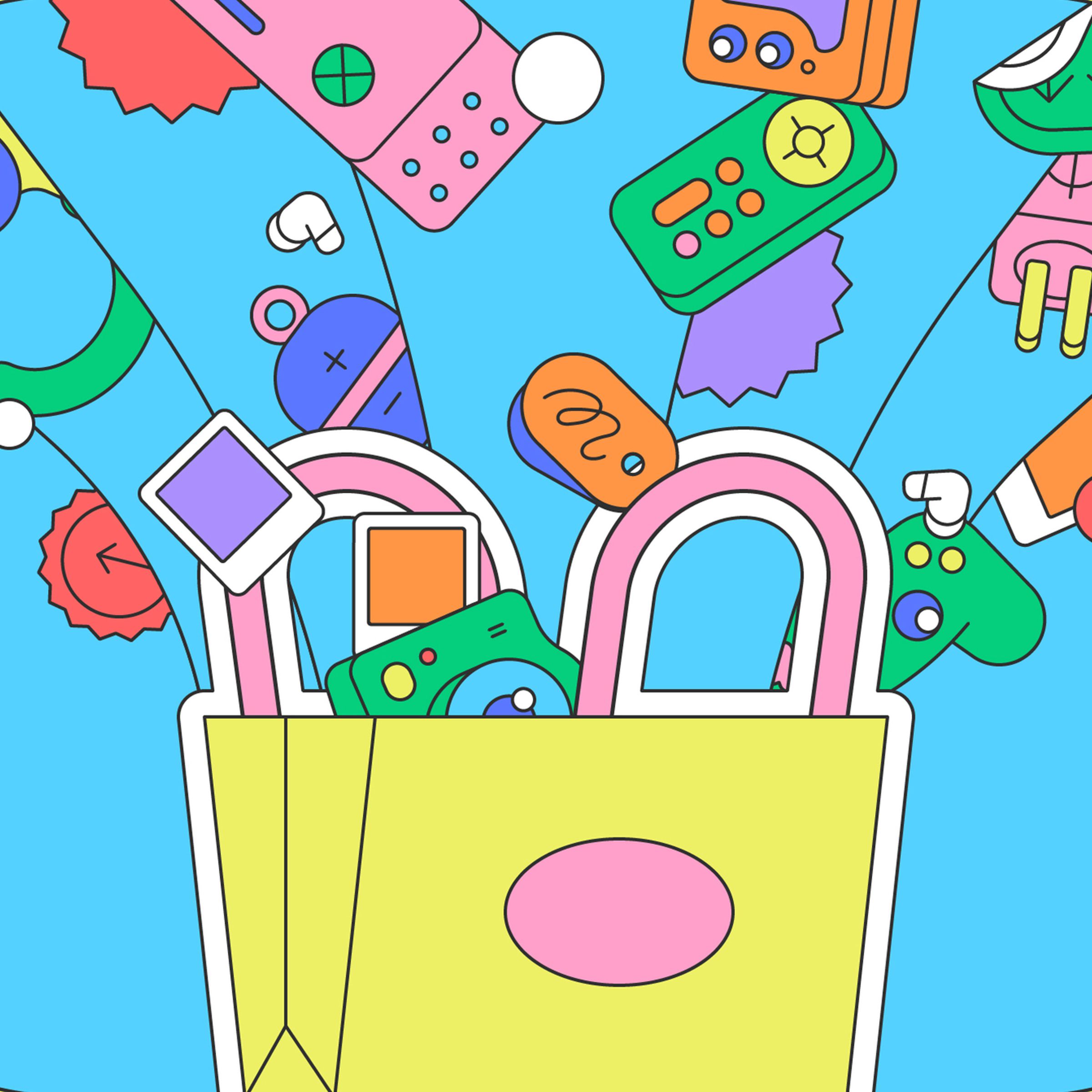 Brightly colored vector illustration of products popping out of a shopping bag.