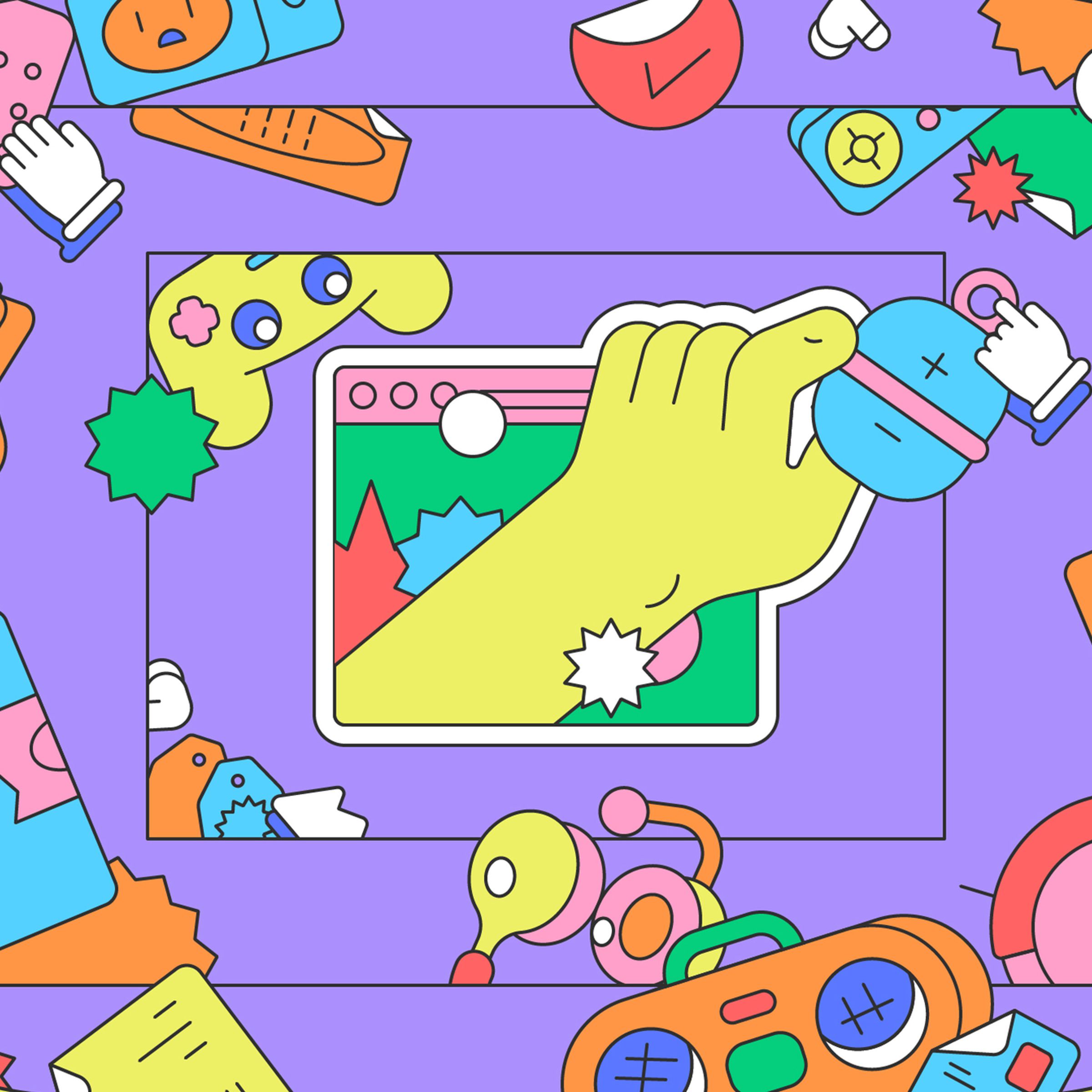Brightly colored vector illustration of a hand grabbing a device from inside a browser window.