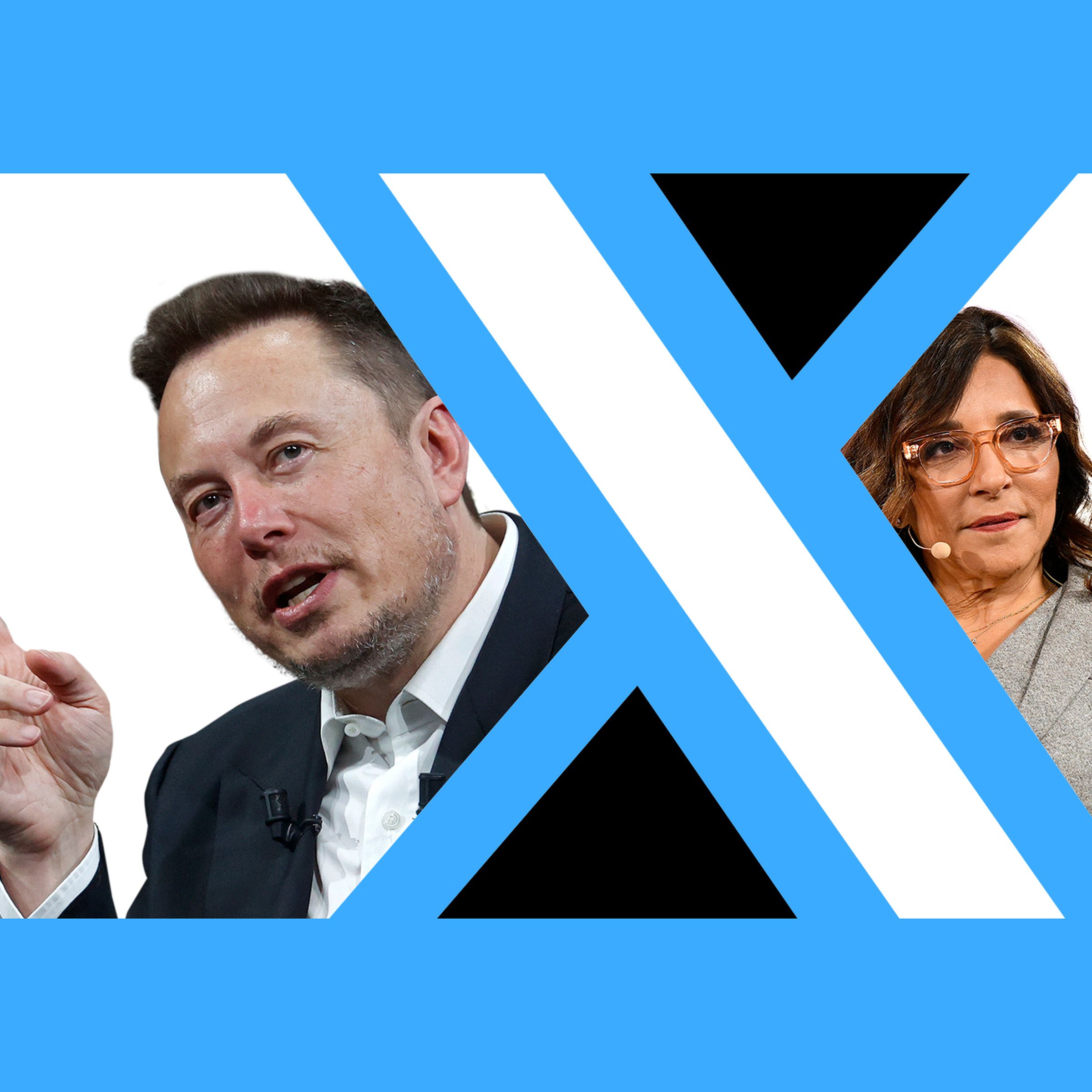 Graphic photo illustration of Elon Musk and Linda Yaccarino in the negative space around the X logo.