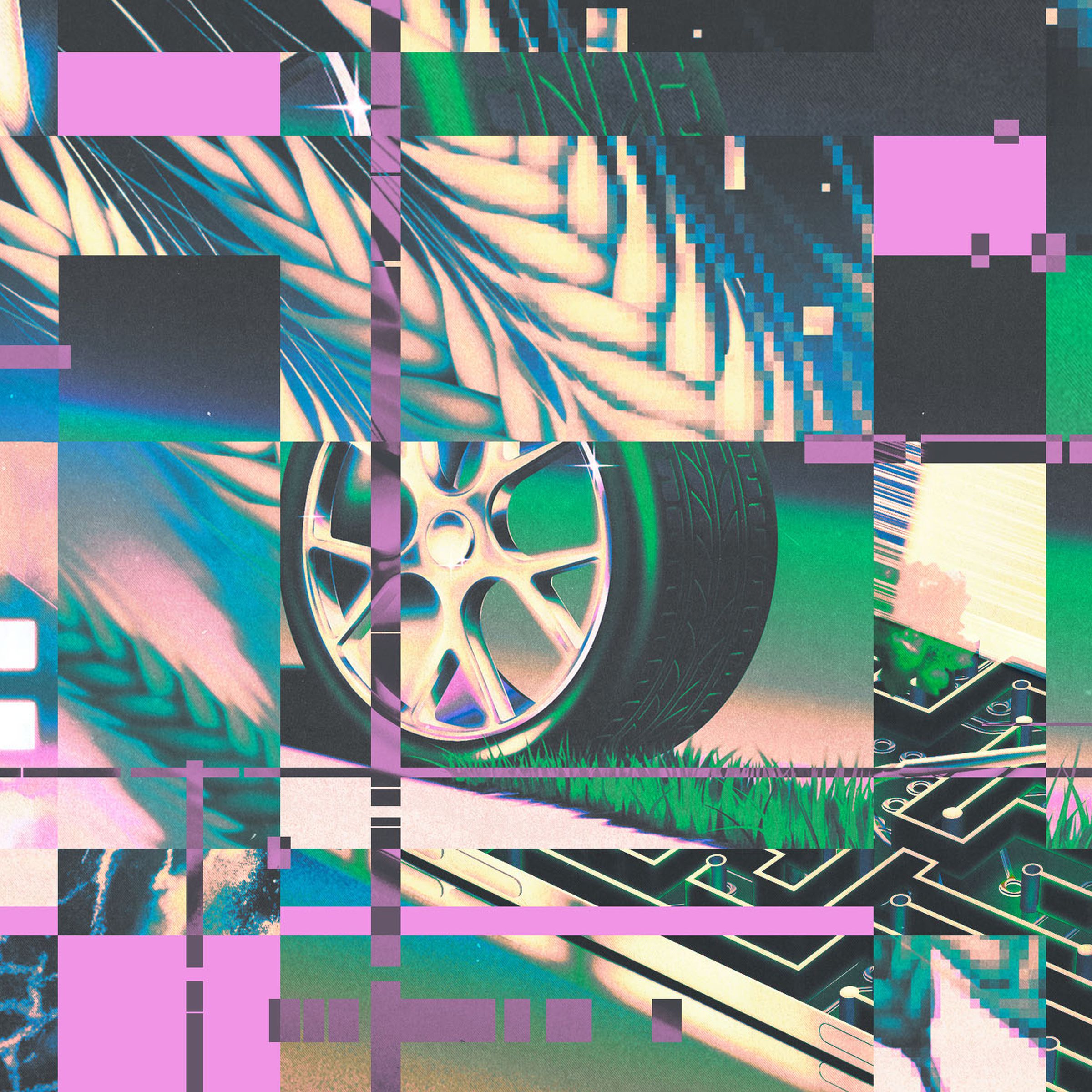 A digital collage of a variety of softly rendered illustrations showing pixelated chaffs of wheat, a car tire, growing grass, and a circuit board maze.