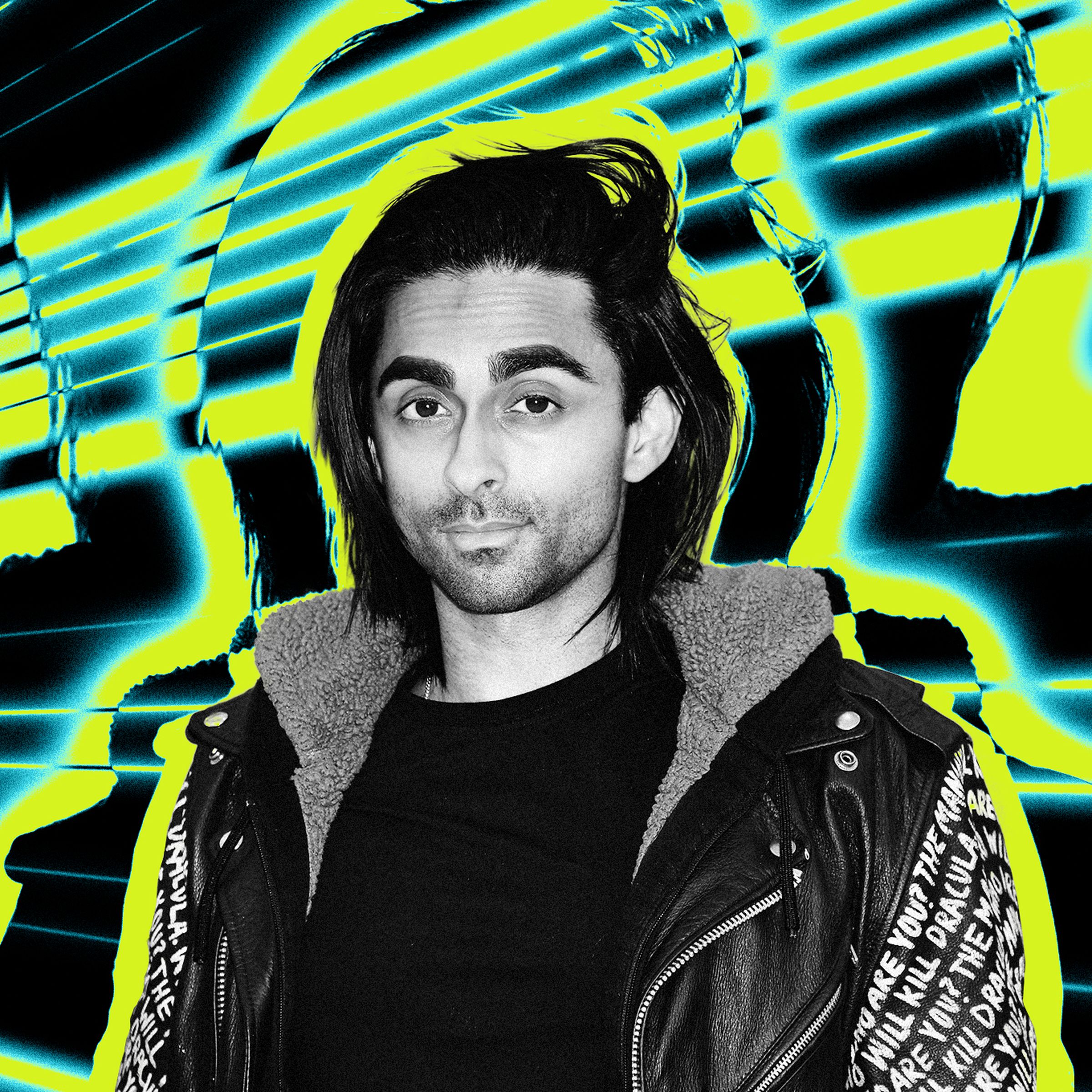 Photo illustration of Adi Shankar against a graphic background of black and vibrant green.