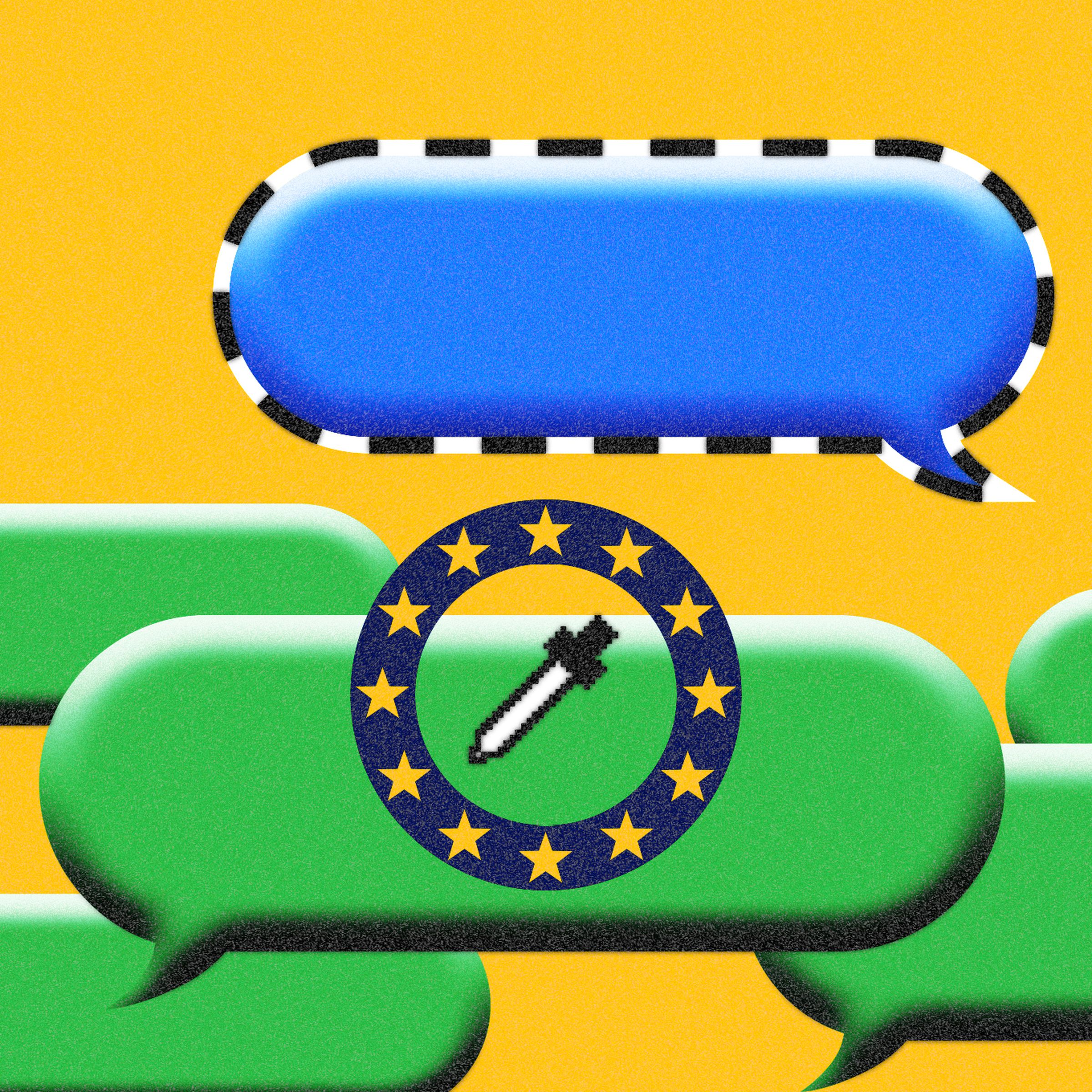 Illustration of a blue iMessage bubble selected to have its color changed by a digital colorpicker picking up the color green, to show the pressure on Apple to open up iMessage.
