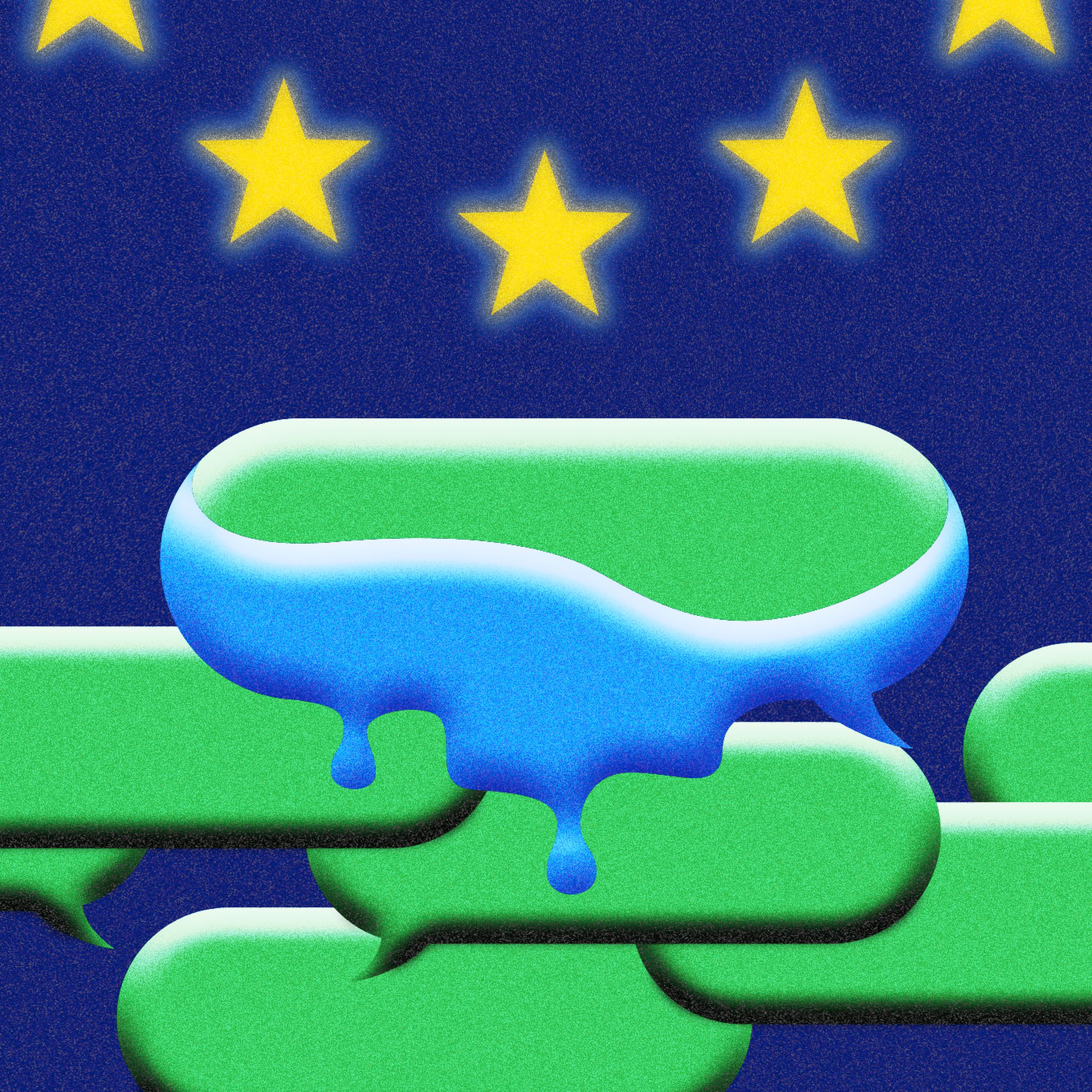 Illustration of the stars of the European Union melting the blue color off of an iMessage bubble, to show the pressure on Apple to open up iMessage.