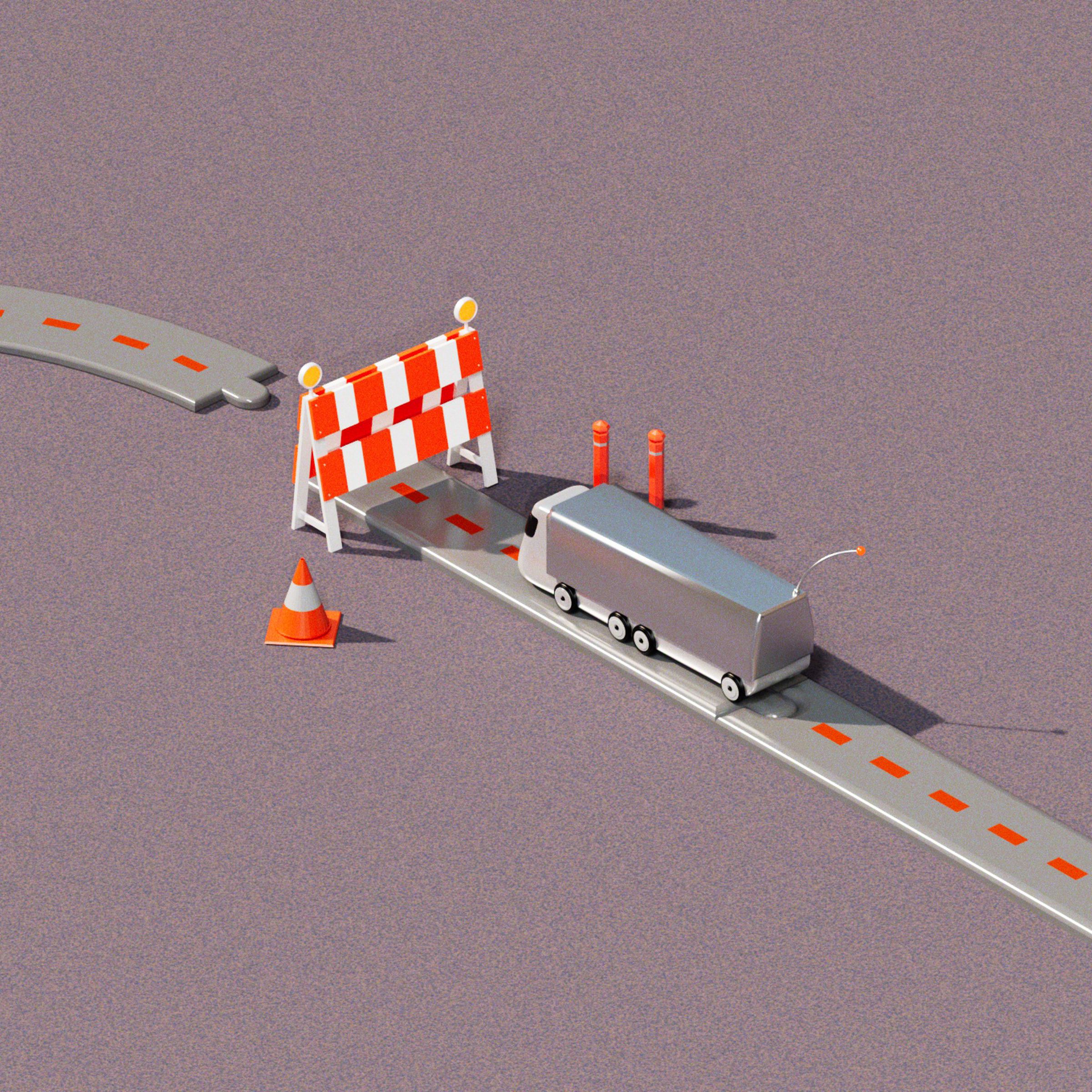 3D illustration of an autonomous truck encountering a road block.