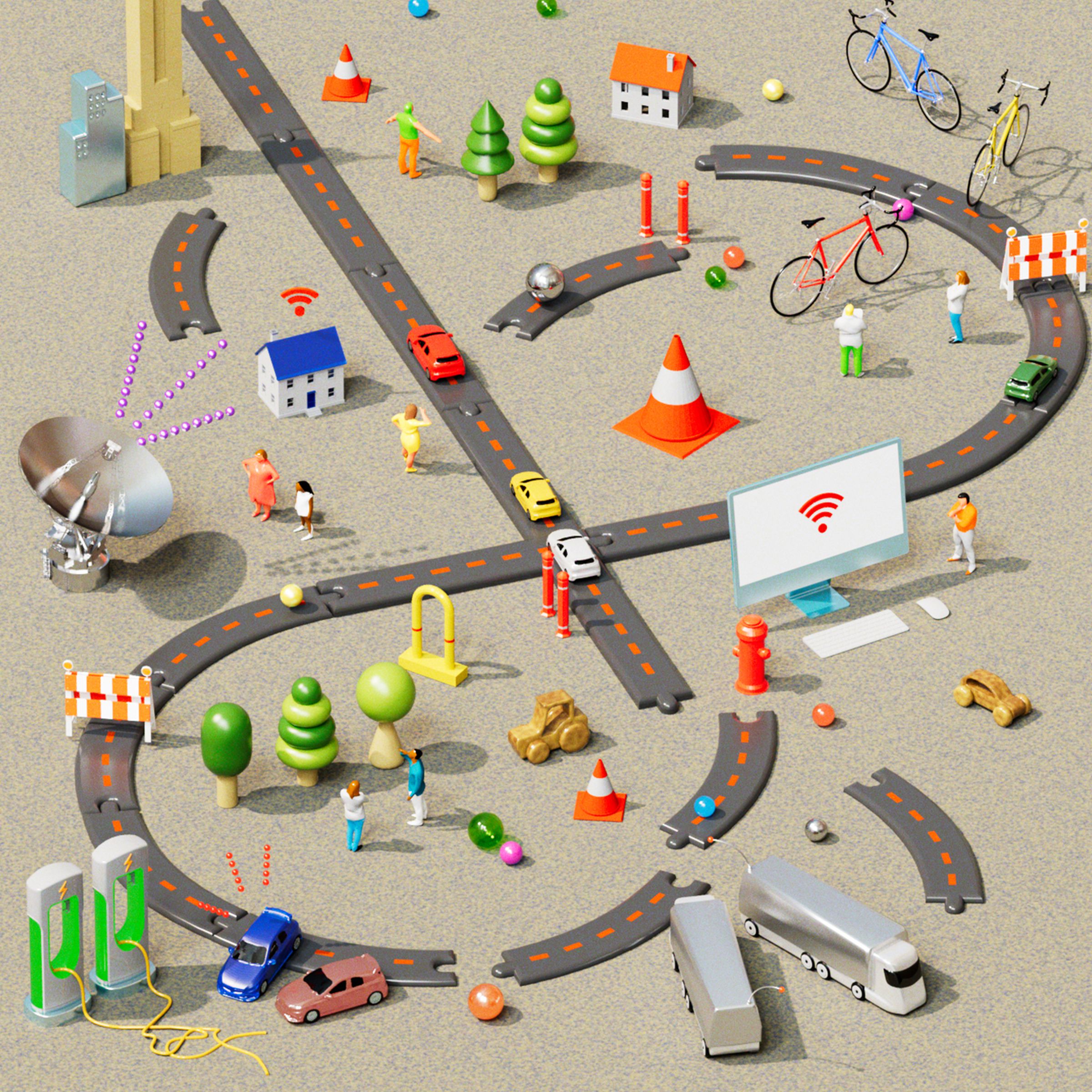 3D illustration of a sprawling scene of toy trucks, cars, electric chargers, tiny people, bikes, and satellites among a road playset that has yet to be put together properly.