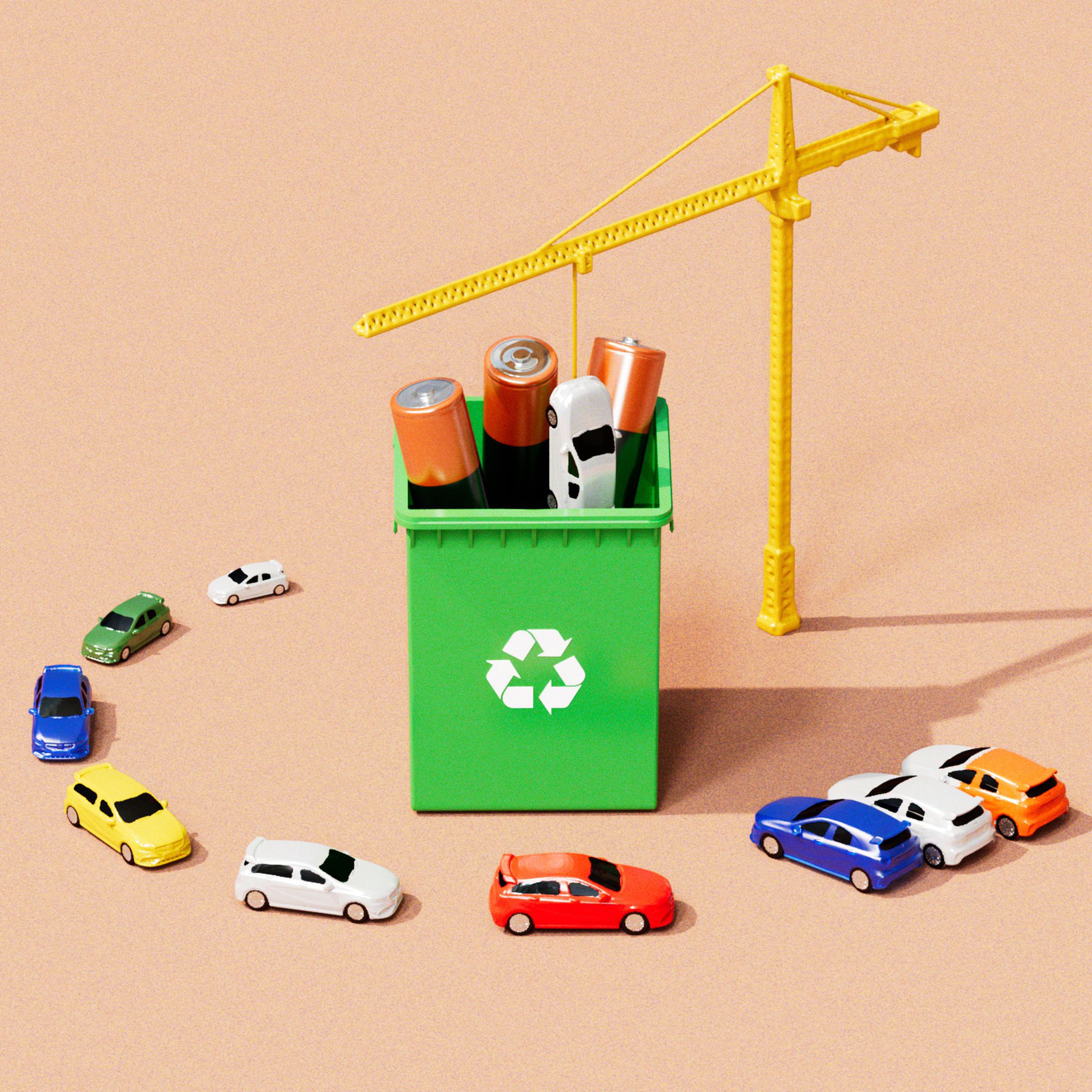 3D illustration showing an electric vehicle battery being recycled.