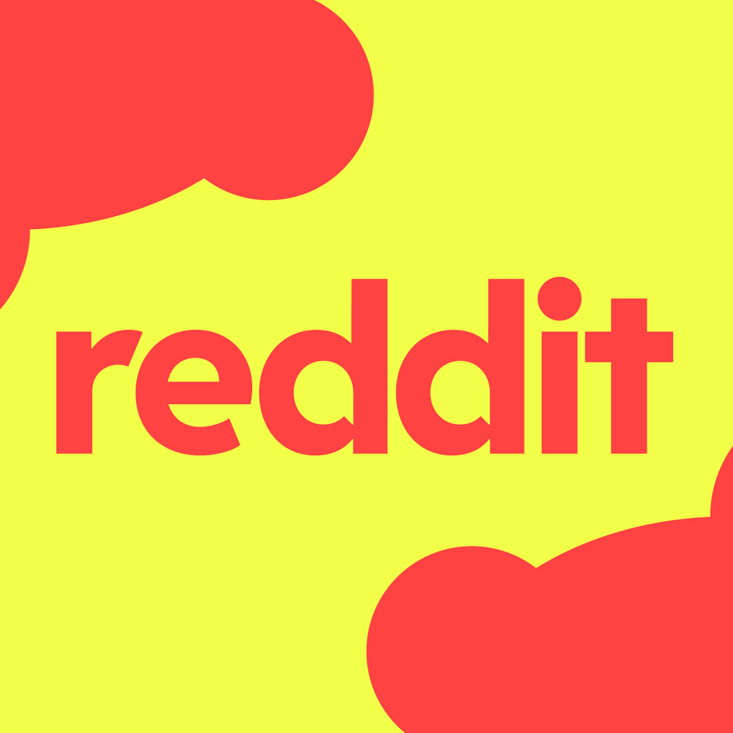 The Reddit wordmark on a yellow background, with its Snoo character framing it.