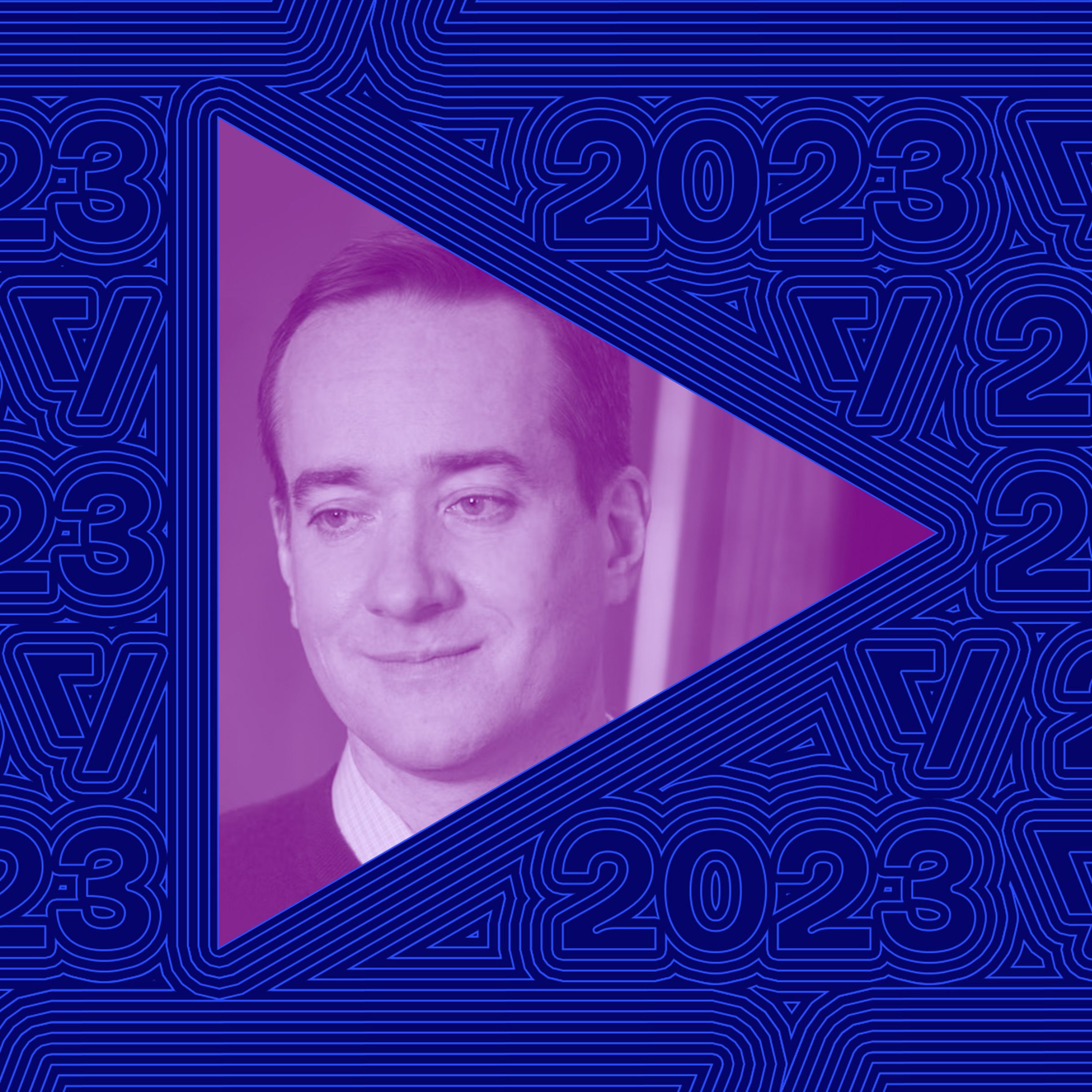 Vector collage showing a still from Succession of Matthew Macfadyen in a play button symbol.