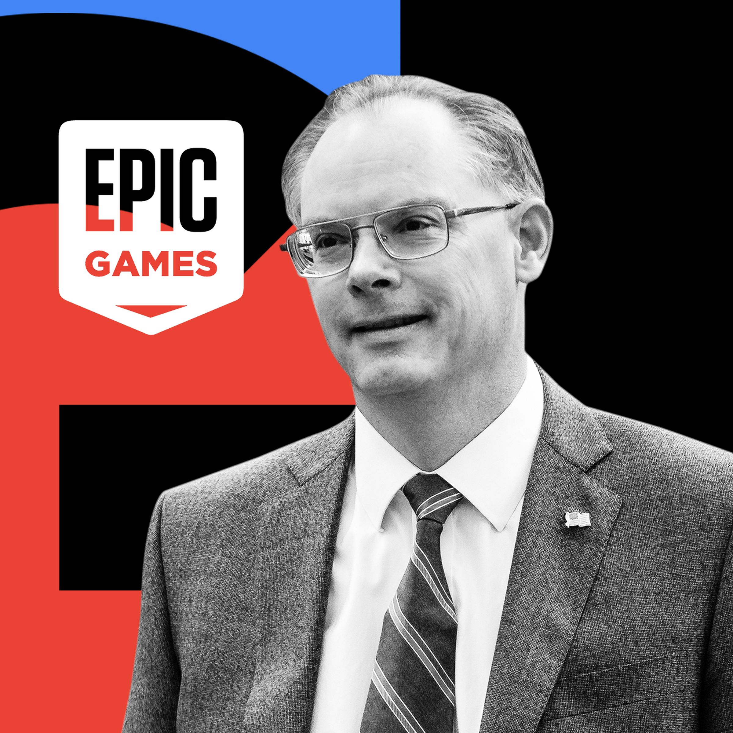 Photo illustration of Tim Sweeney in front of Google and Epic logos.