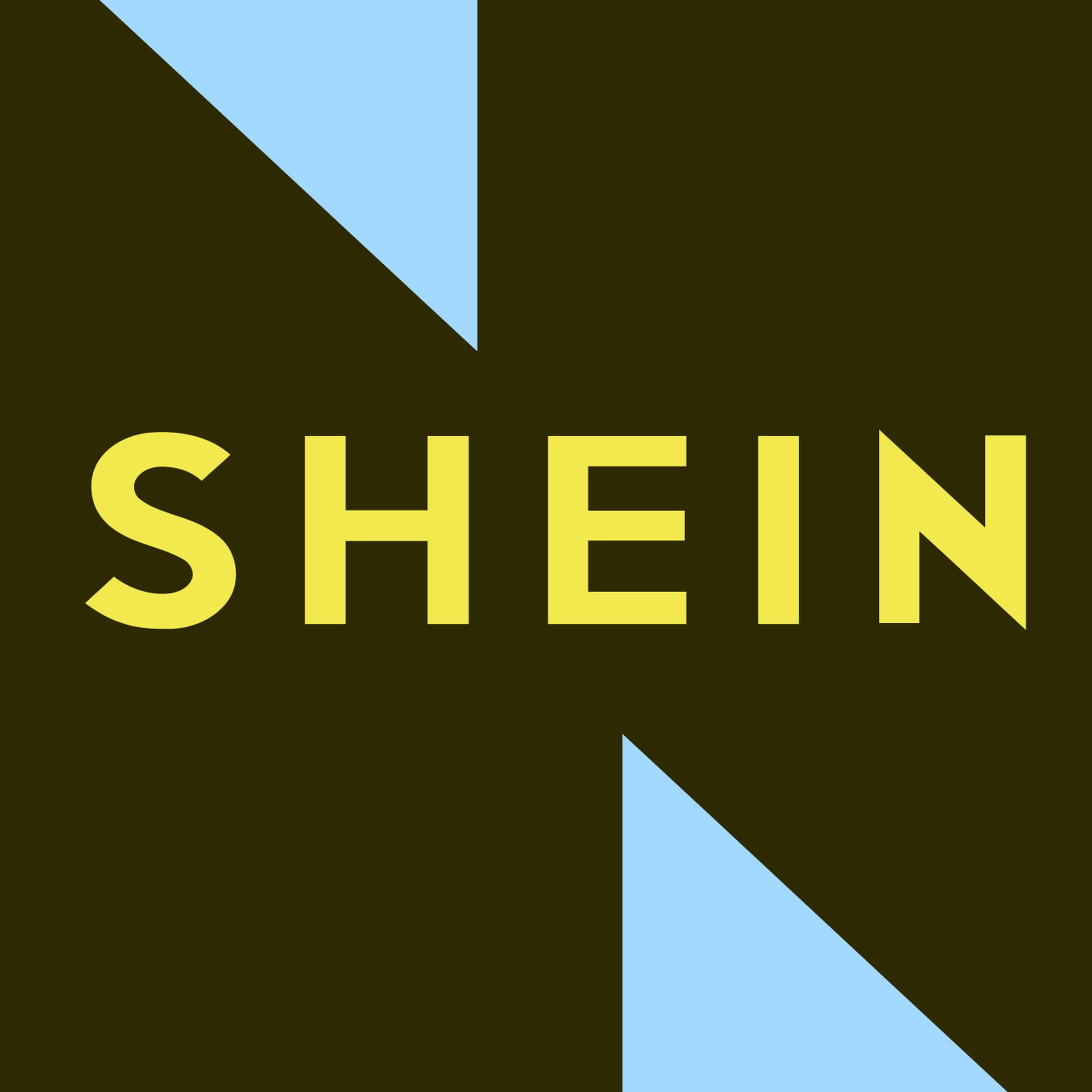 Shein logo over blue, yellow, and brown geometric background.