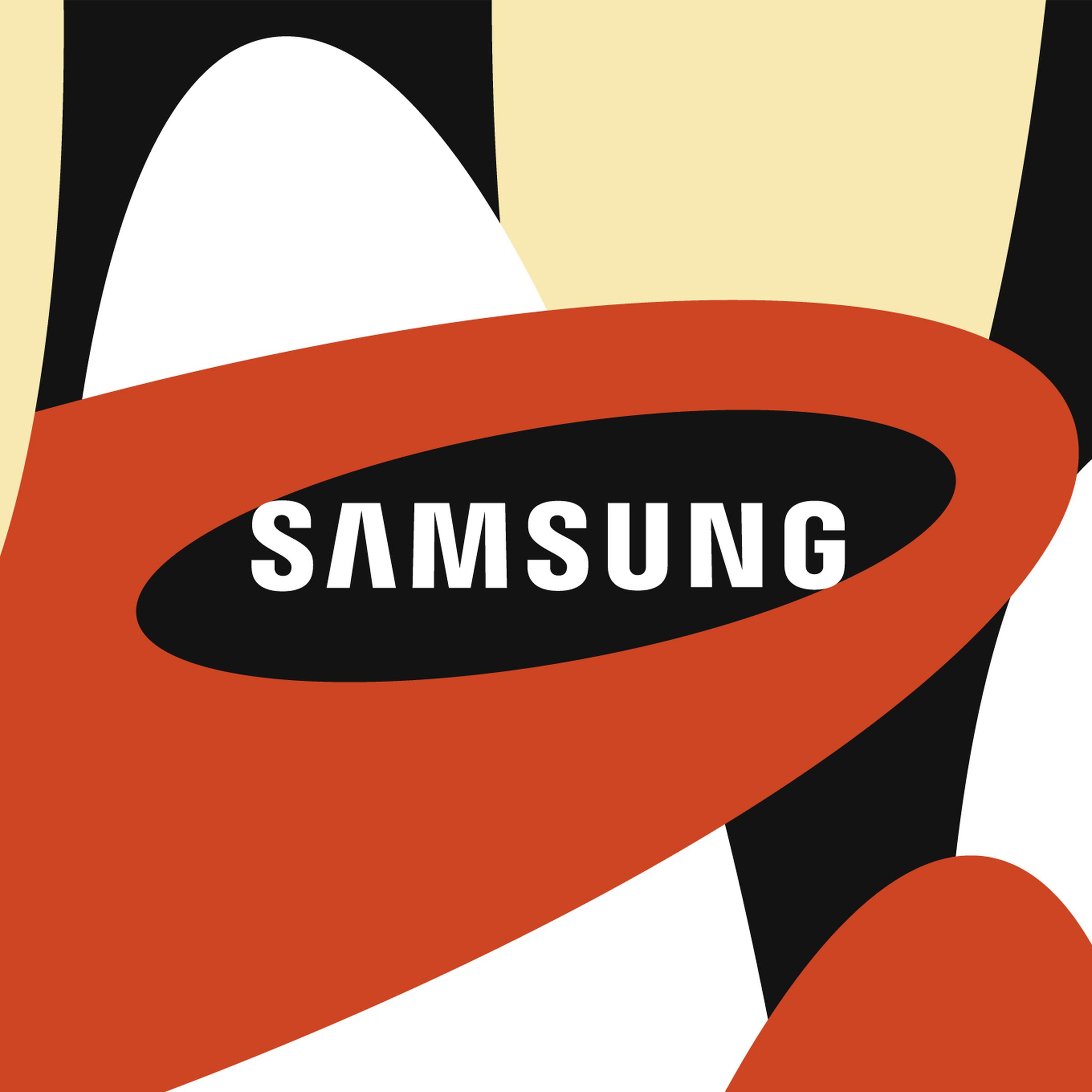 Samsung logo on red, white, black, and yello background