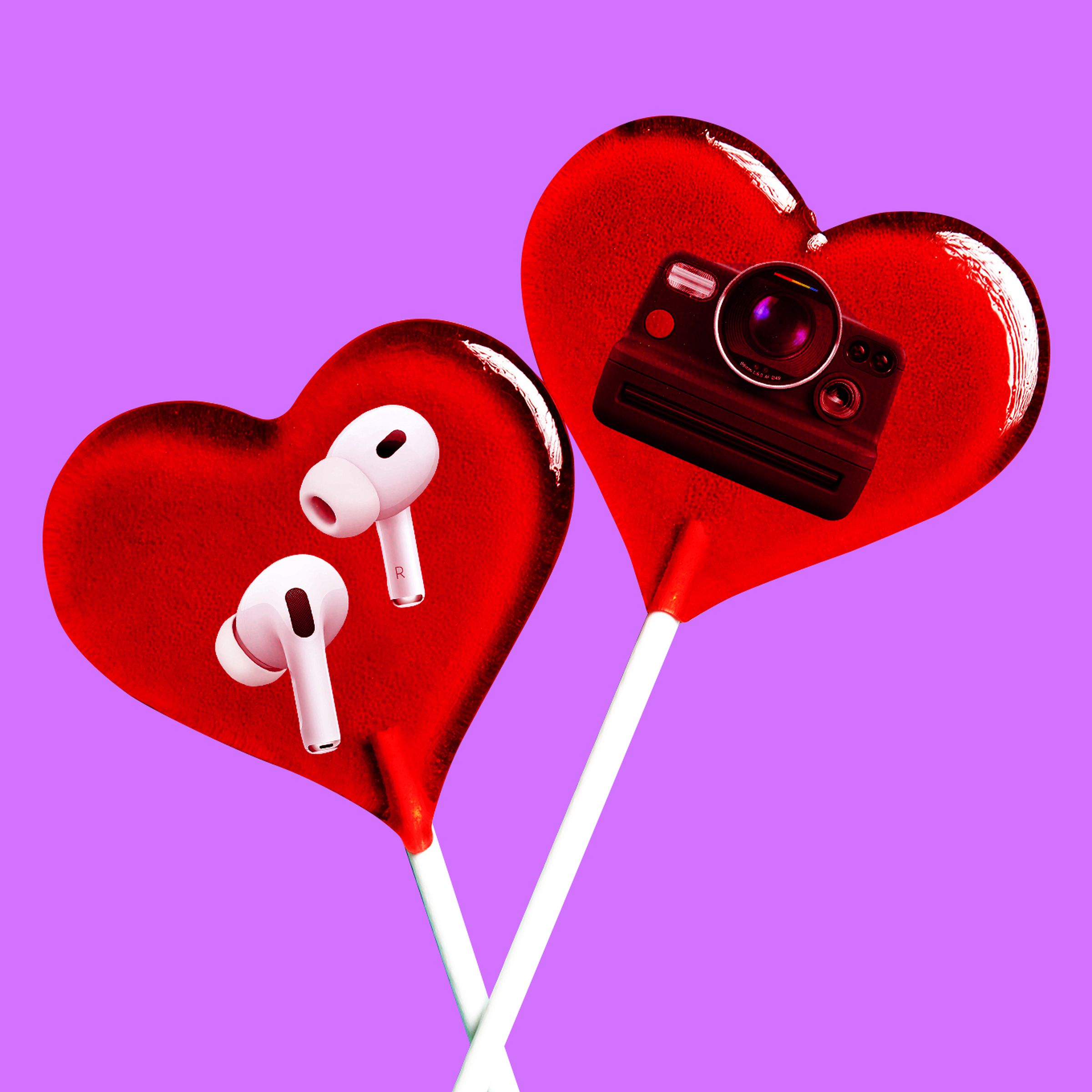 Photo collage of Apple AirPods and a Polaroid camera in two bright red heart-shaped lollipops.