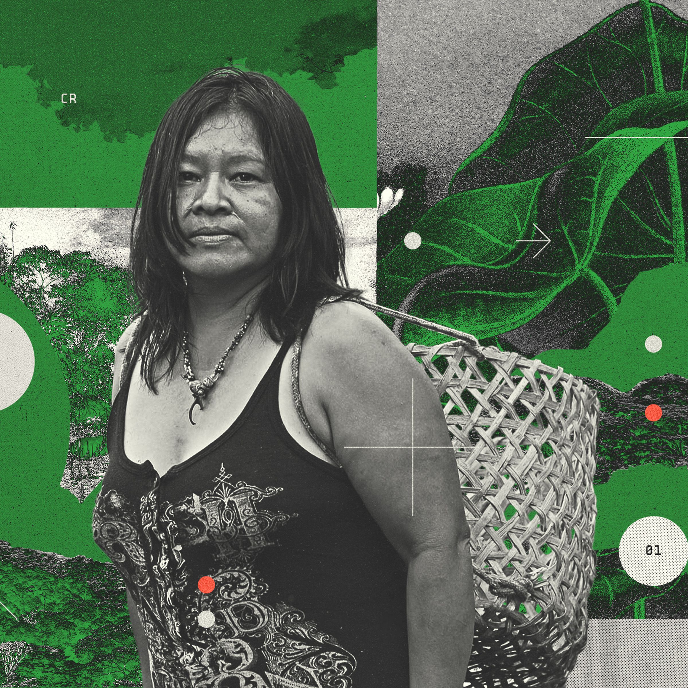 Photo collage of Doris Ríos in a composition of green organic shapes.