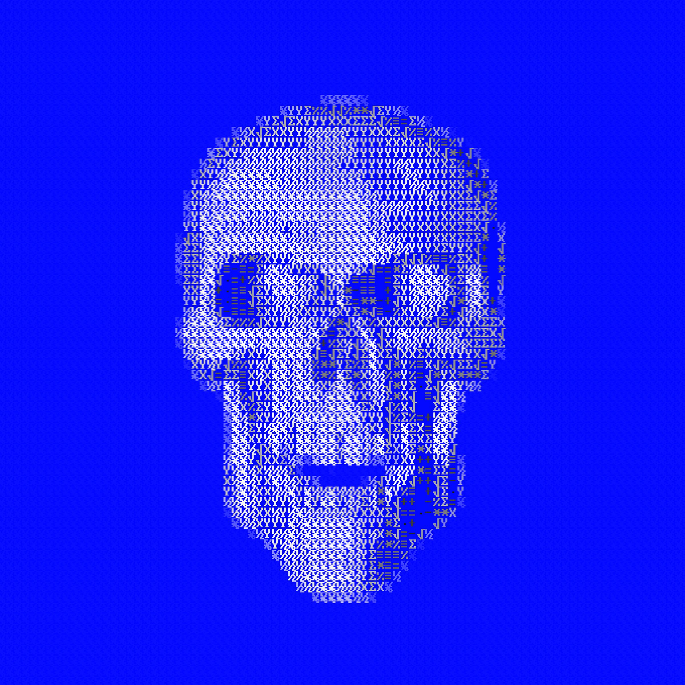 A laughing skull made out of code.