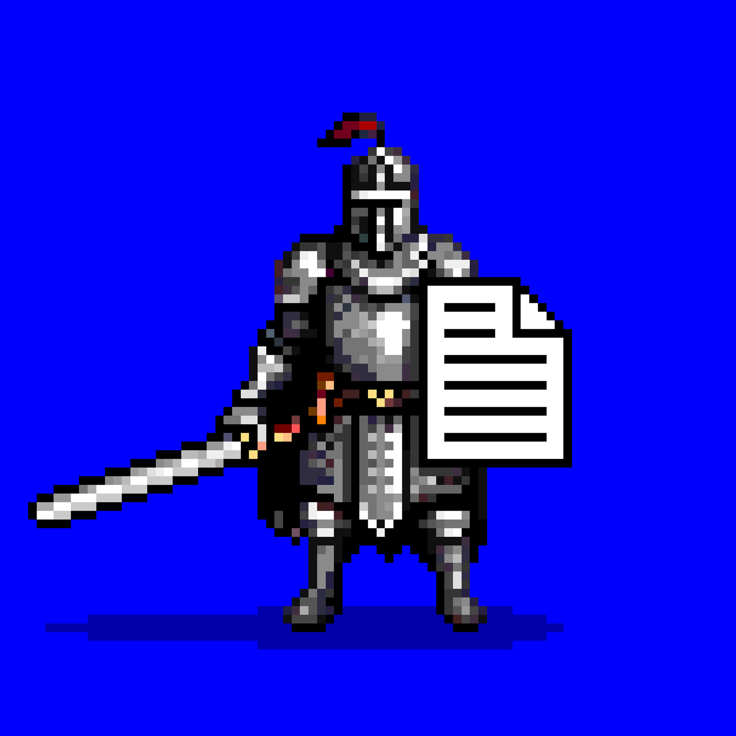 Pixel illustration of a knight holding a text file as a shield.