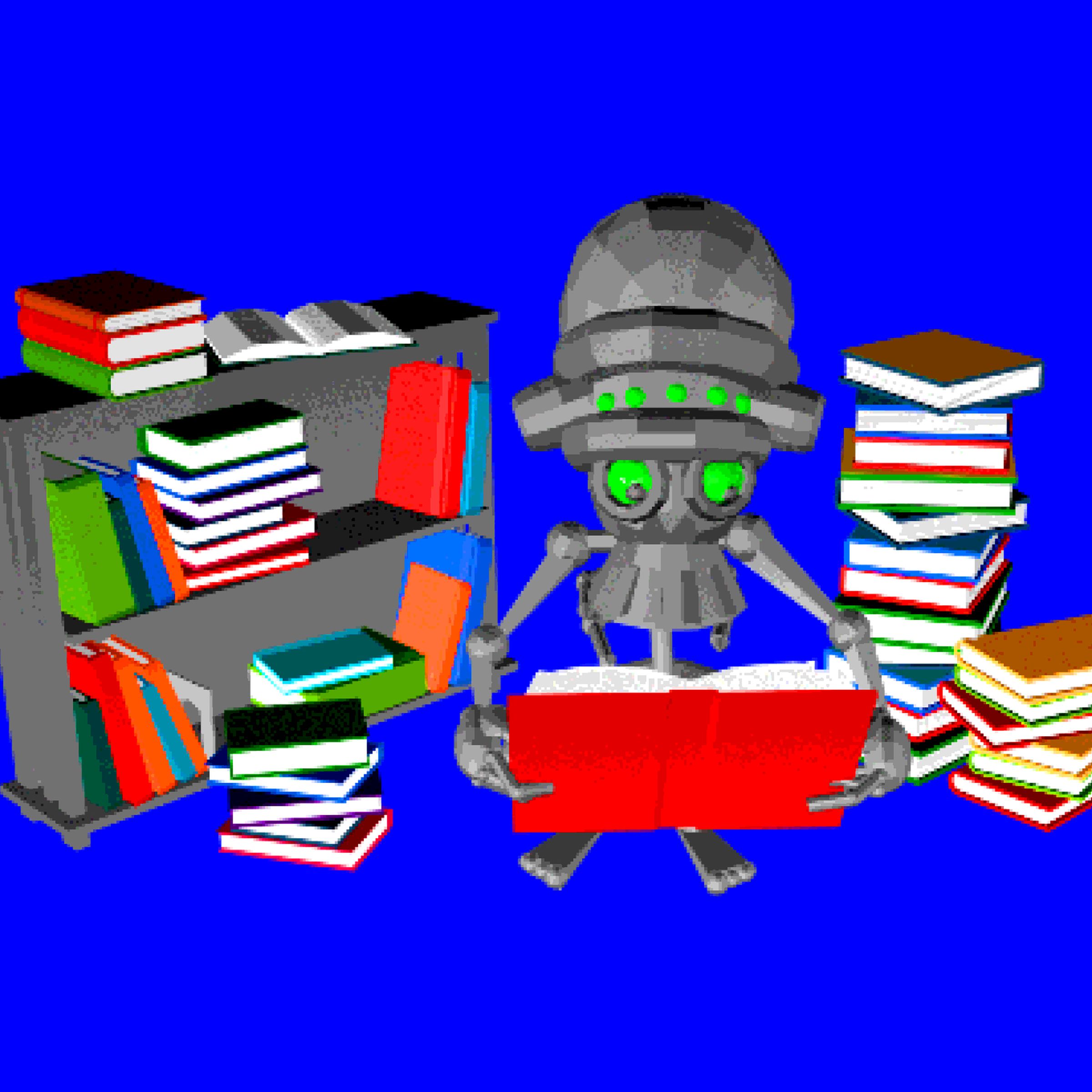 3D illustration of a robot reading lots of books.