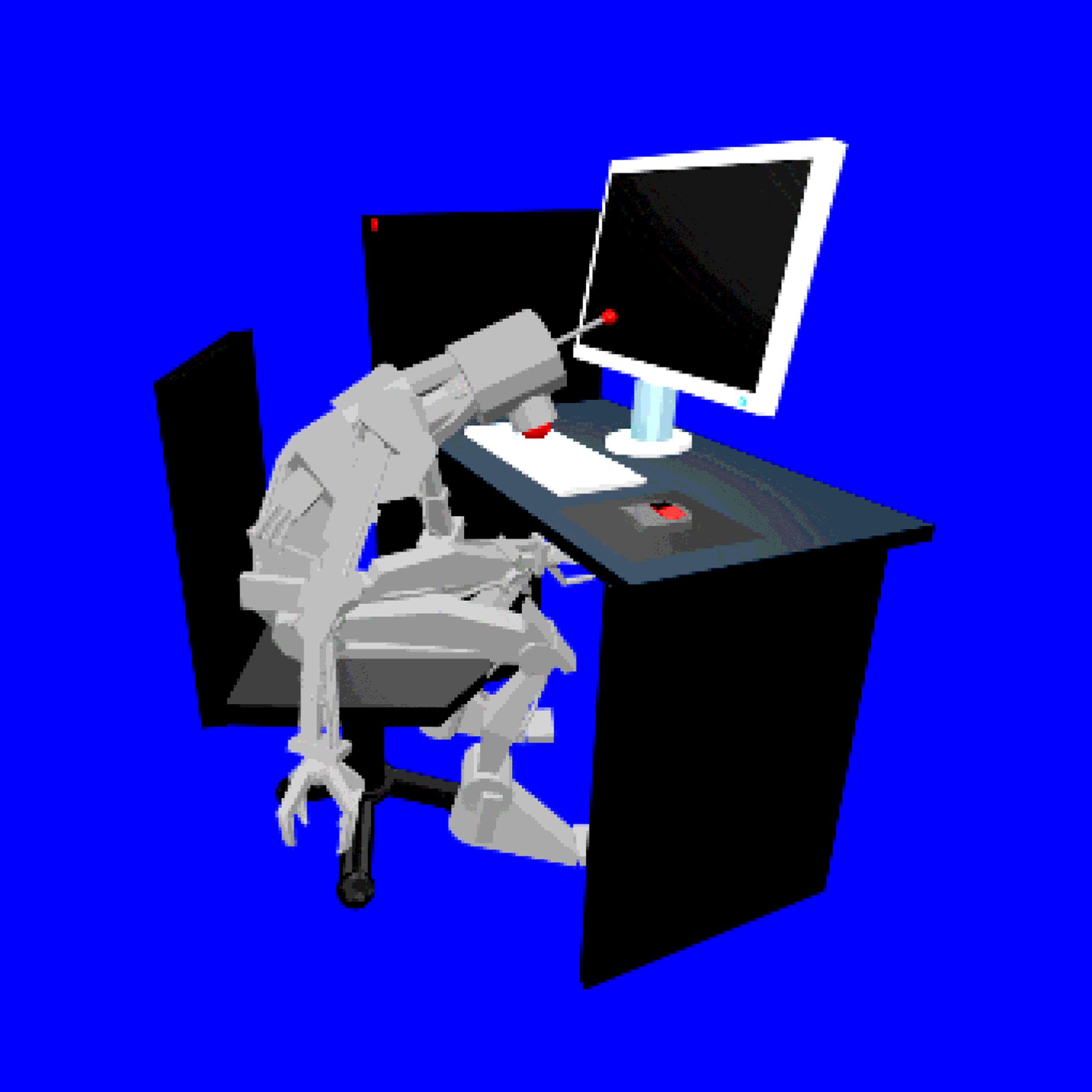 3D illustration of a robot bored at a desk.