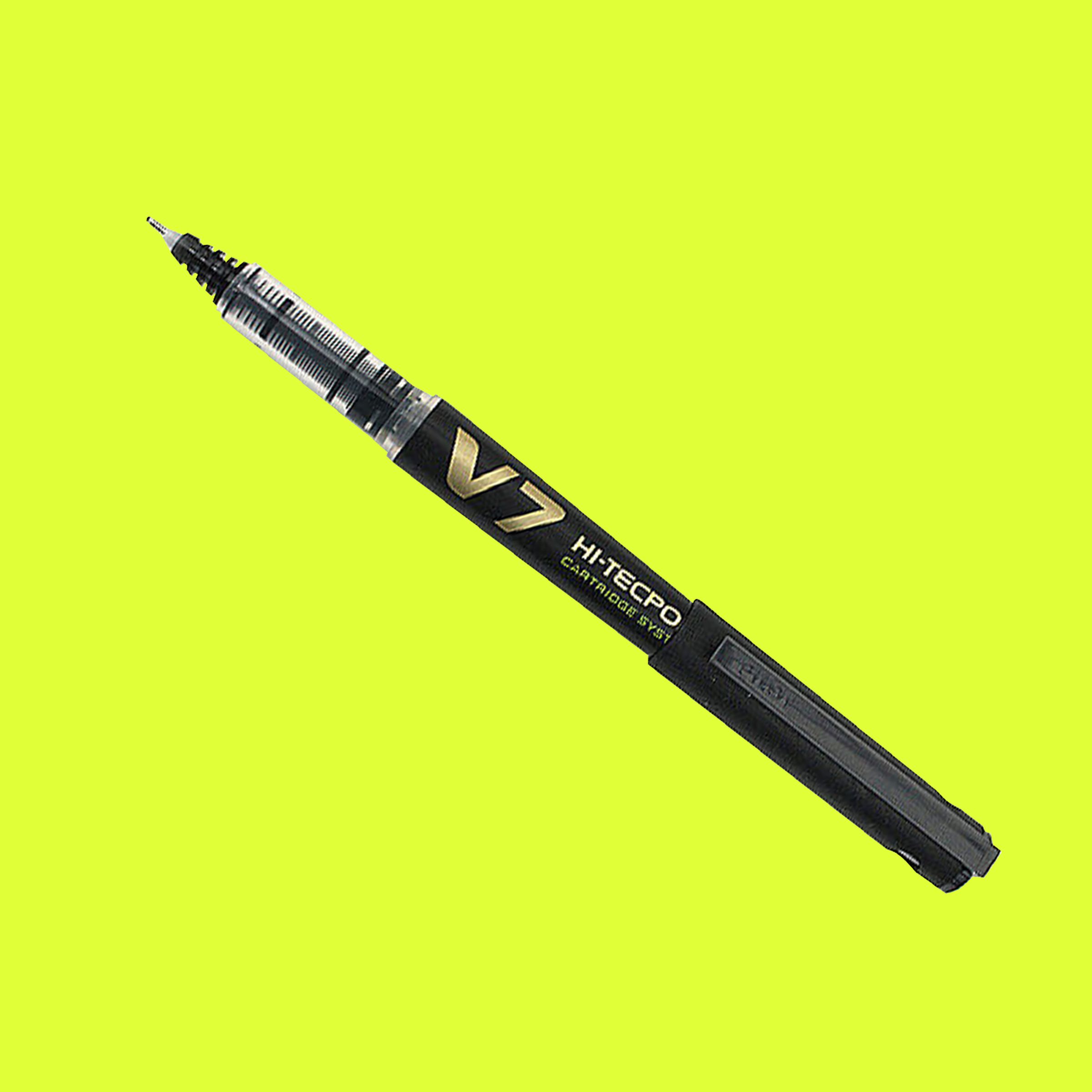 Image of a Pilot refillable pen on a yellow background.
