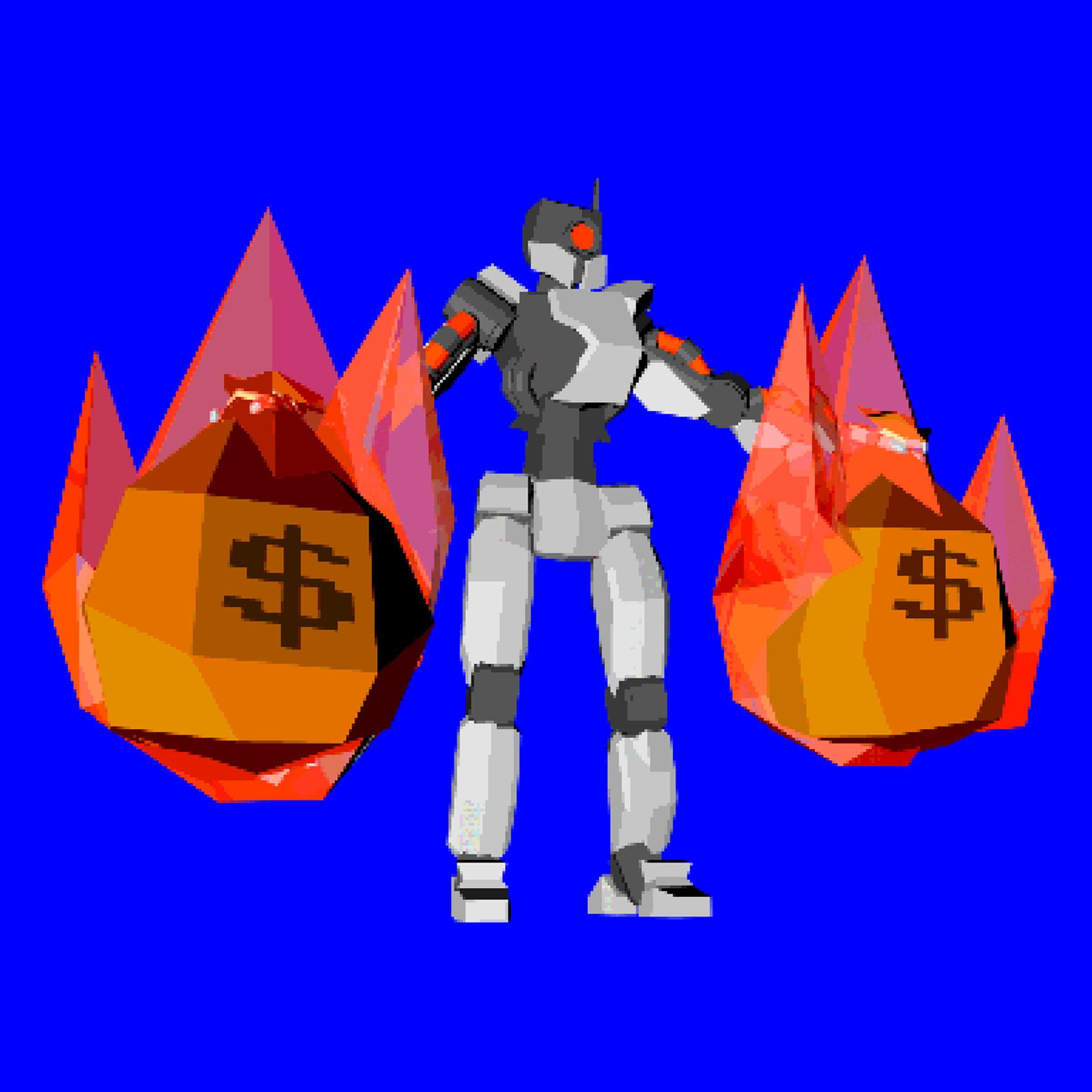 3D illustration of a robot holding two bags of money on fire.