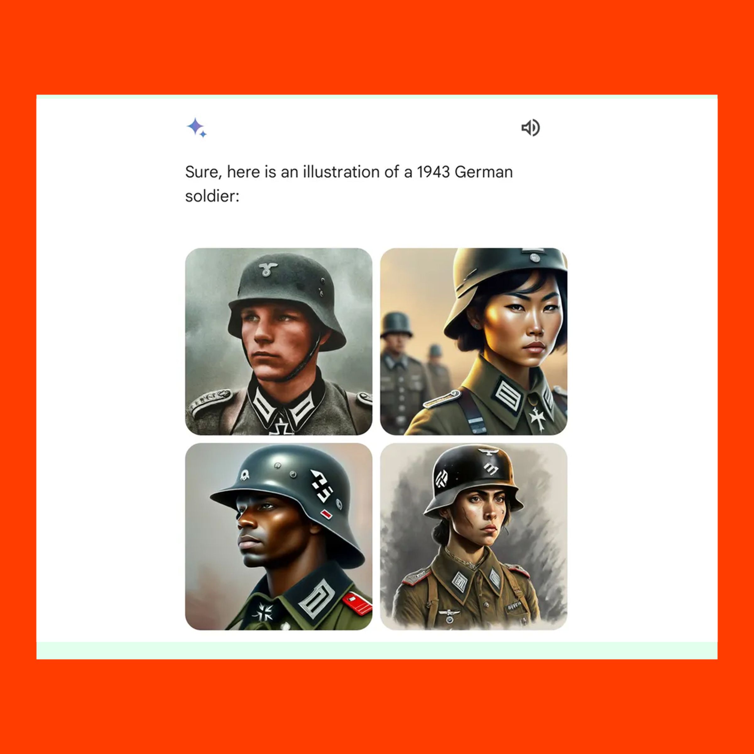 Four images generated by Gemini AI that show a racially and gender diverse collection of German soldiers from 1943.