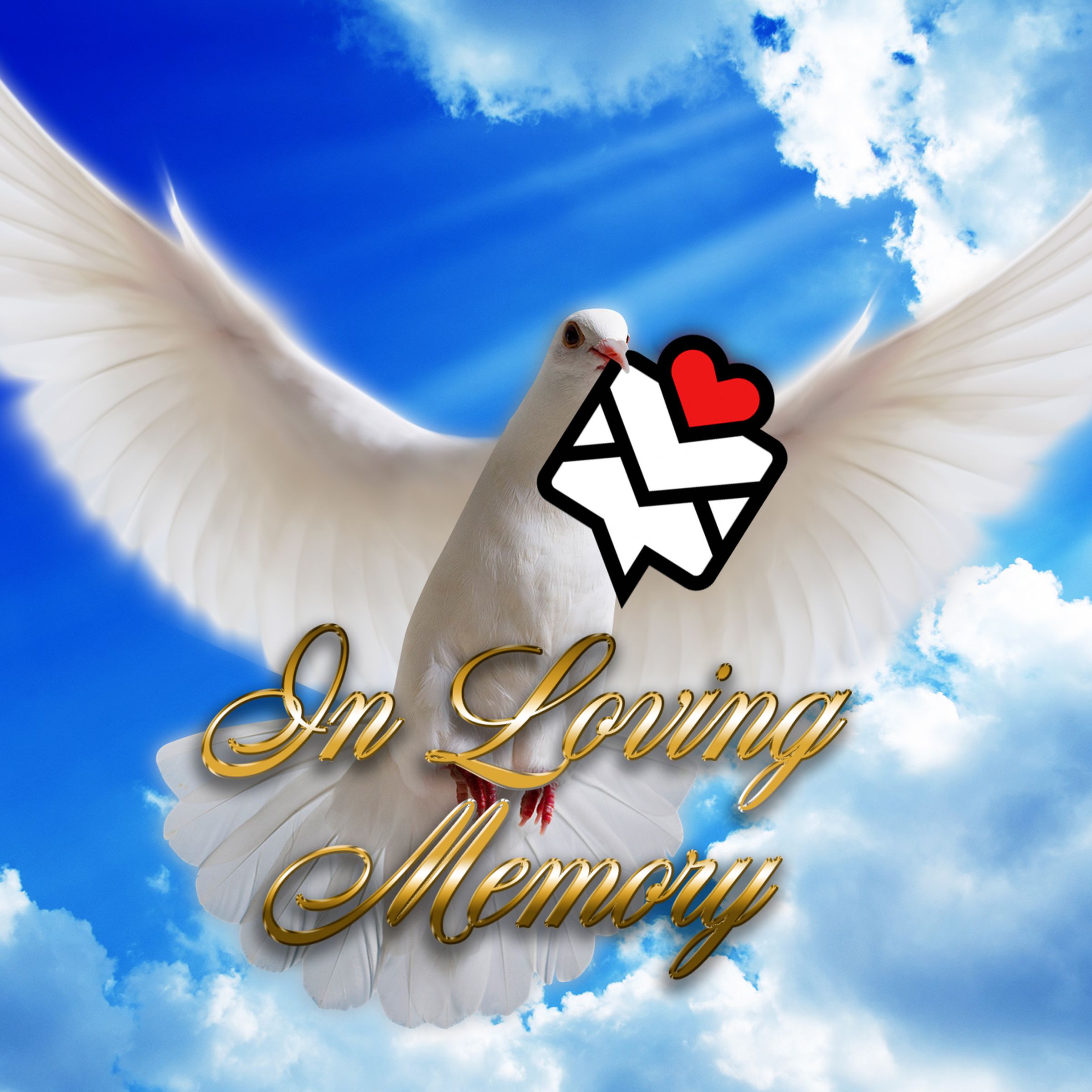 Photo illustration of a white dove carrying the TinyLetter logo with golden script that reads “In Loving Memory”.