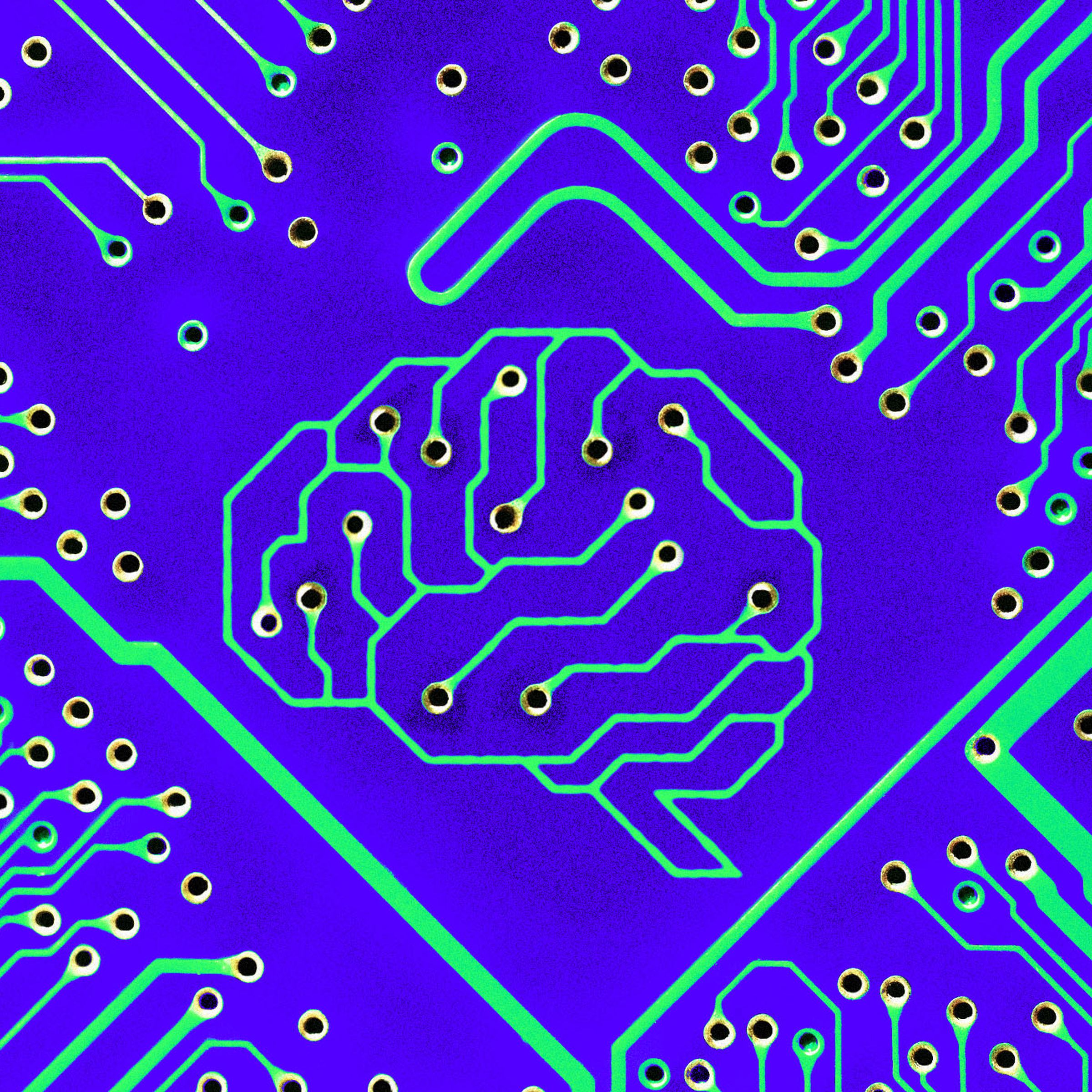 Photo illustration of the shape of a brain on a circuitboard.