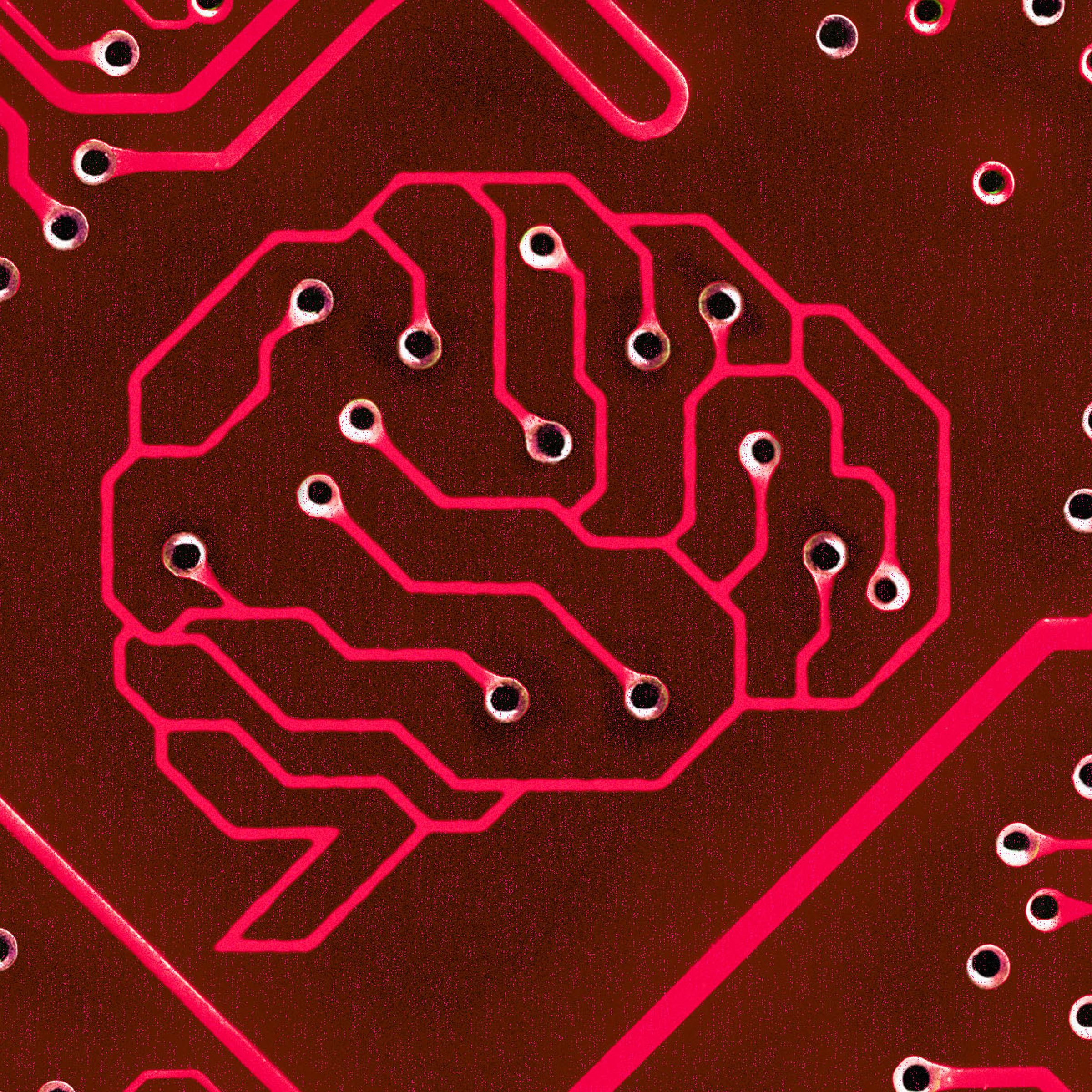 Photo illustration of a brain on a circuit board in red.