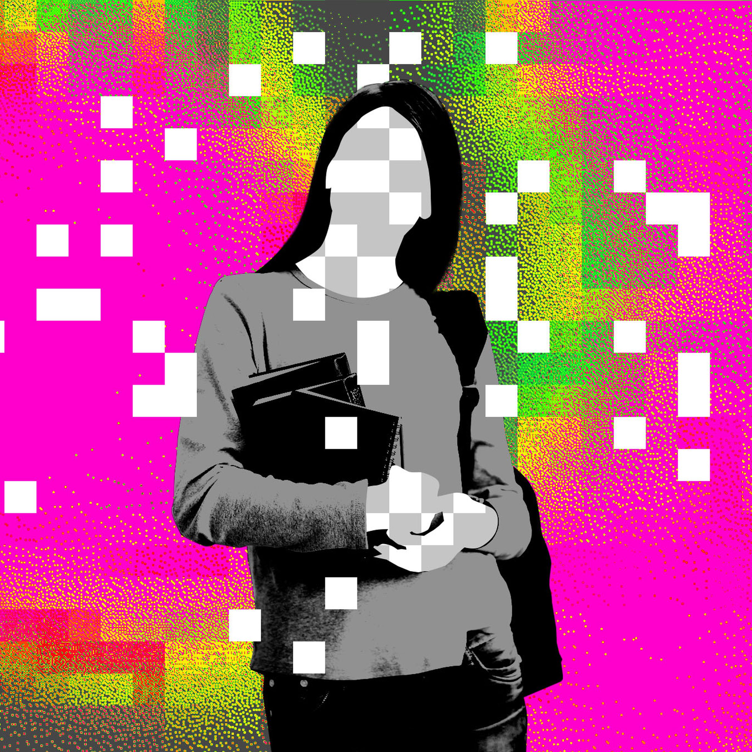 Photo illustration of a teenage girl with pixels obscuring her identity.